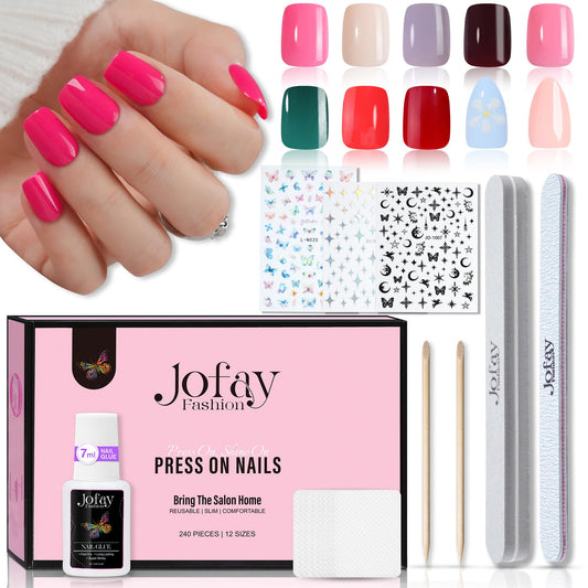 Jofay Fashion Gel Nail Tips - Gel x Press On Nails Short Kit Acrylic Fake Nails 10 Packsï¼?40 Pcs) Soild Press On Nails Square Glue On Nails with Nail Glue, Fit Perfectly & Natural Stick On Nails Set