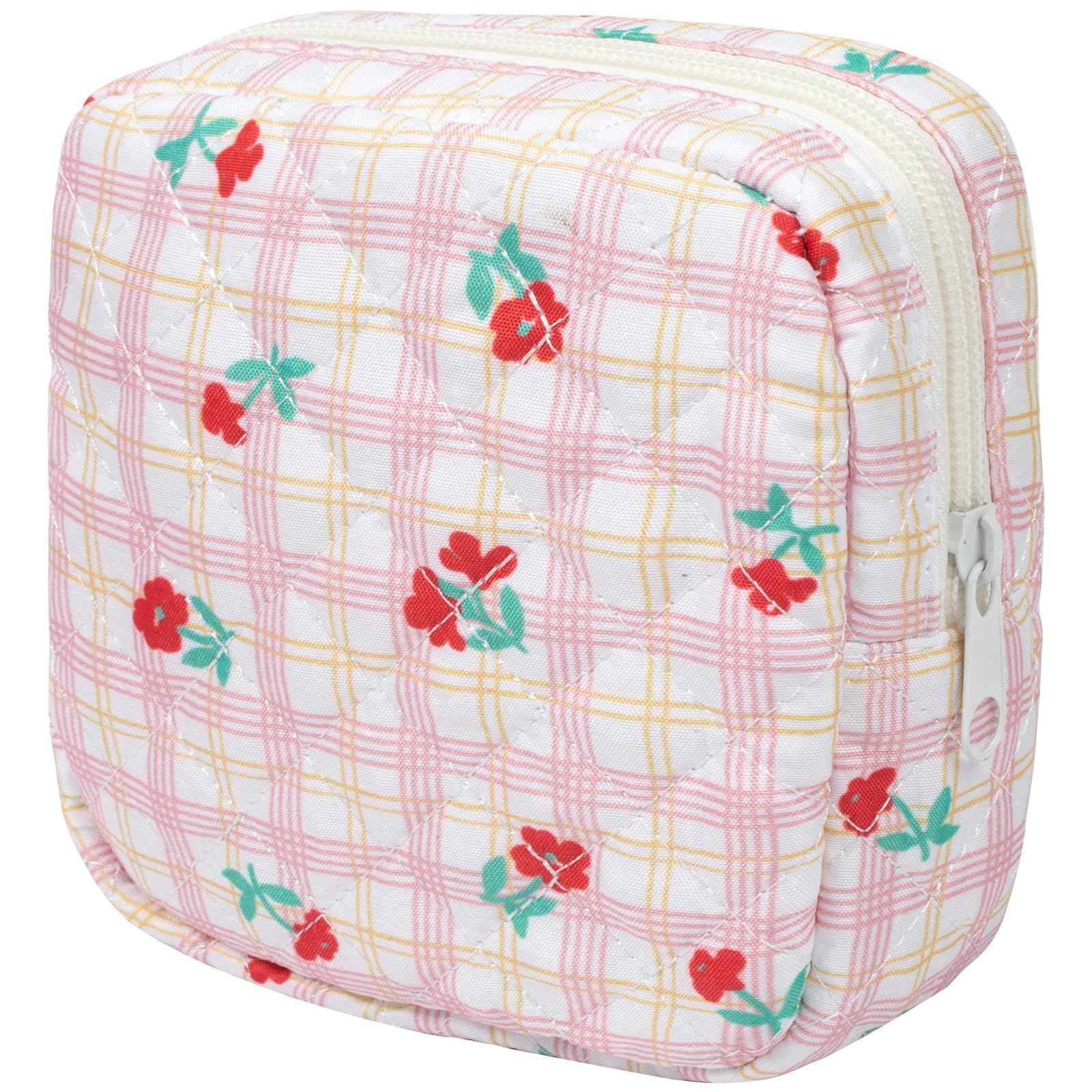 LETGO Floral Makeup Bag, Small Cosmetic Bag for Women Girls, Cute Cotton Makeup Bag, Quilted Makeup Bags, Flower Travel Make up Bag for Purse (Red Floral)