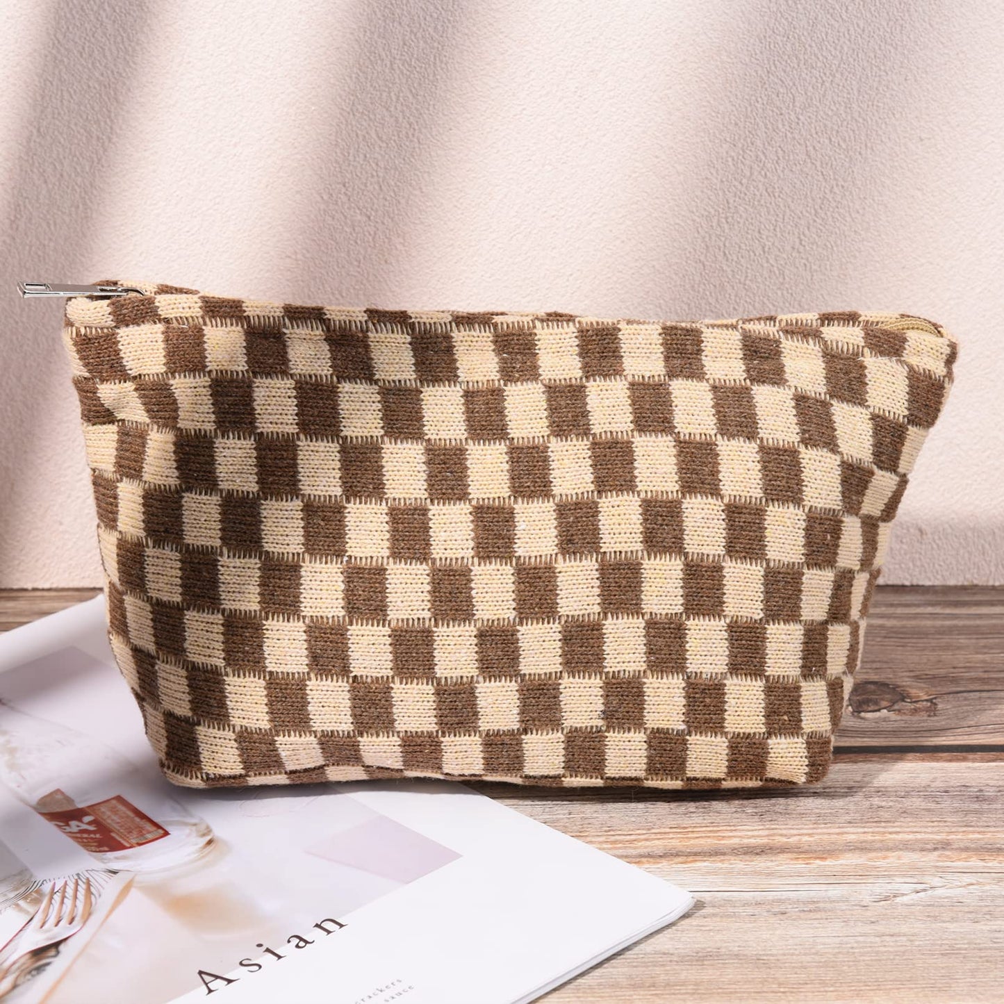 SOIDRAM 2 Pieces Makeup Bag Large Checkered Cosmetic Bag Brown Capacity Canvas Travel Toiletry Bag Organizer Cute Makeup Brushes Aesthetic Accessories Storage Bag for Women