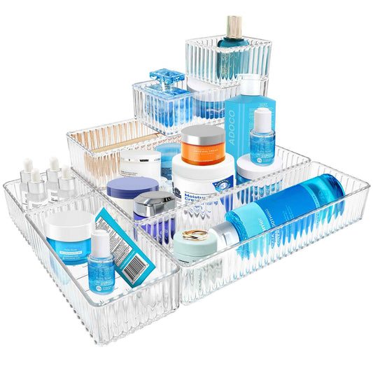 Adoco 7 PCS Clear Drawer Organizers Bins, 4-Size Stackable Makeup Vanity Drawer Organizer Trays, Acrylic Bathroom Drawer Organizer Storage Containers for Cosmetic,Office Supply
