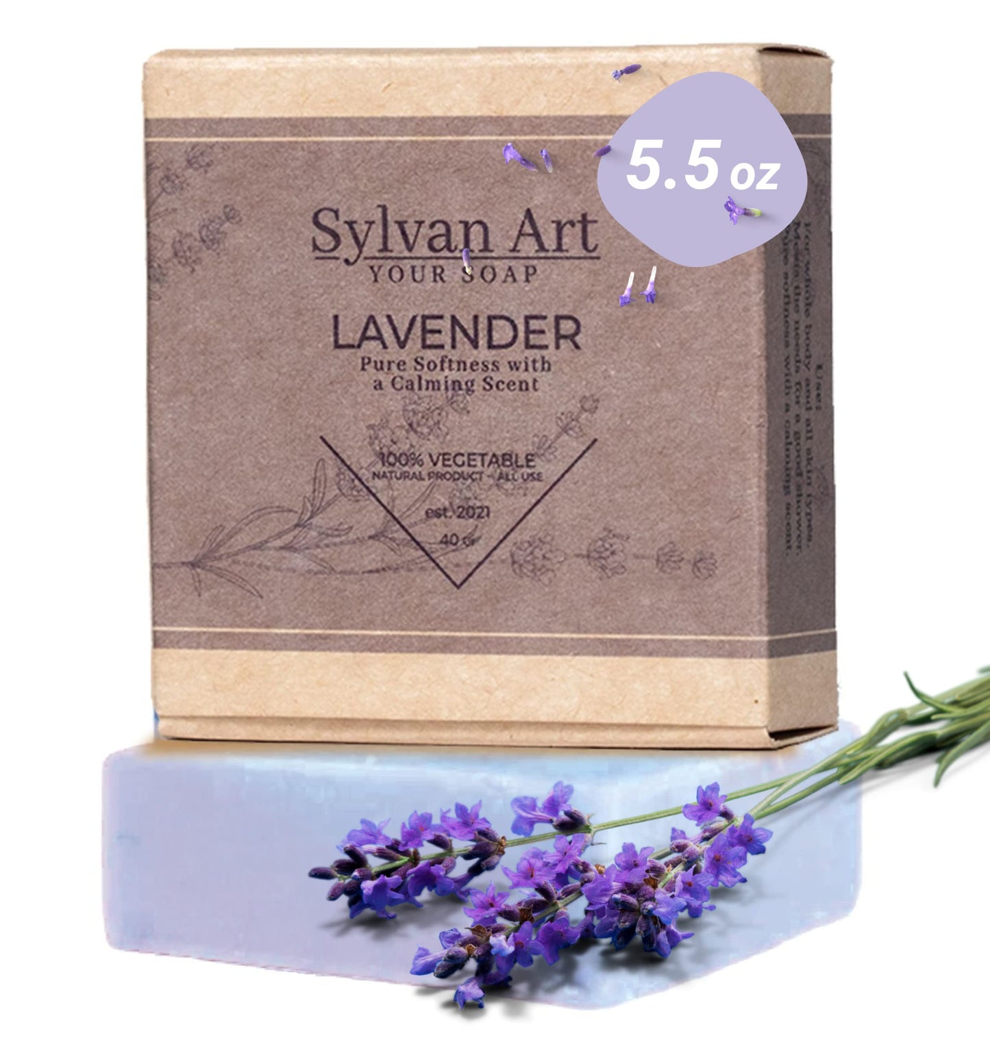 Sylvan Art LAVENDER Soap Bar, 100% Natural, Pure Softness with a Calming Scent, Made with Pure Essential Oils, Chemical free - 5.5 oz