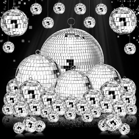 Hoolerry 65 Pcs Christmas Disco Balls Ornaments Reflective Hanging Disco Ball Decorations with Hook Mini Silver Disco Ball Cake Topper for 70s Disco Wedding Dj Party(12/6/ 4/3.2/2/ 1.2 in)