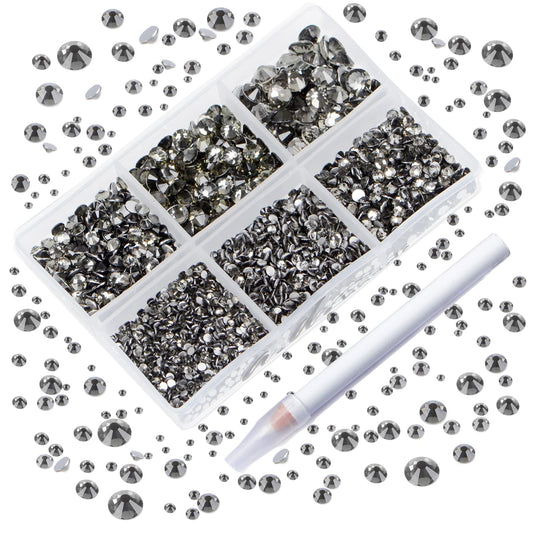 AD Beads 4300 Pieces Flat Back Nail Art Rhinestones Round Beads 6 Sizes (2-6.5mm) with Storage Organizer Box,Rhinestones Picking Pen for Nail Art Phone Decorations Crafts DIY (Black Diamond)