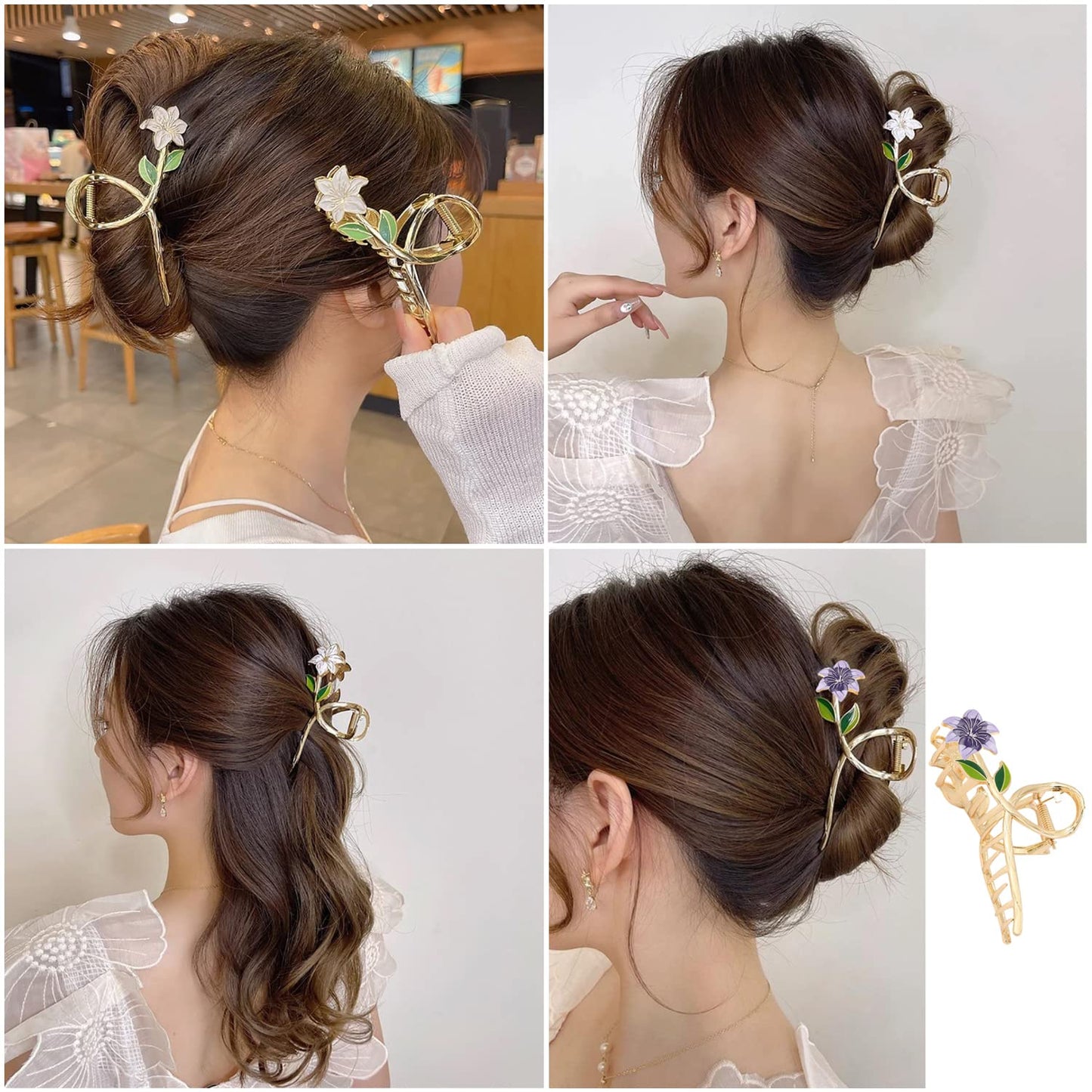 Claw Clips for Women: Large French Flower Hair Accessories - 2Pcs Metal Gold Floral Banana Clips for Thick Hair, Summer Hair Decorations in White & Purple