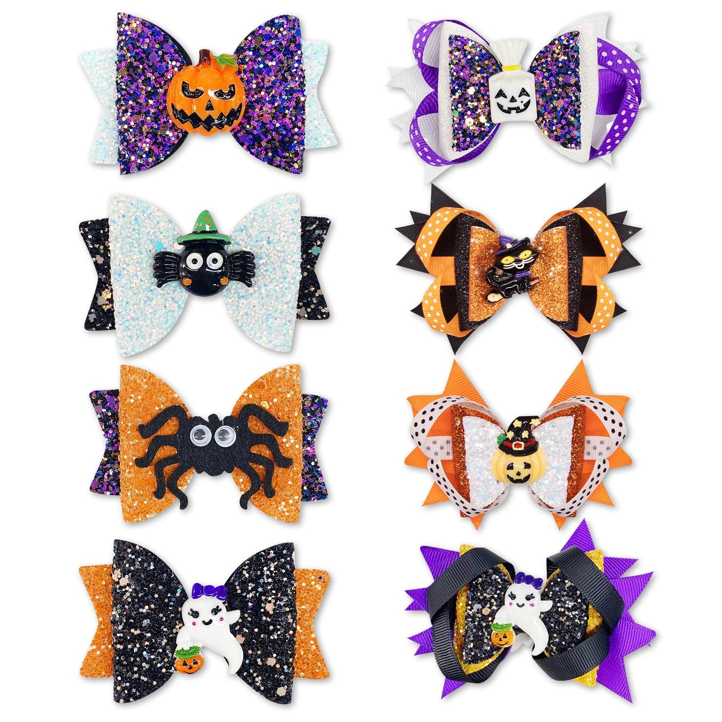 Fimcosy 8 pcs Halloween Hair Clips Glitter Halloween Pumpkin Spider Ghost Hair Clips Halloween Sequin Bow Hair Clips Women Halloween Costumes