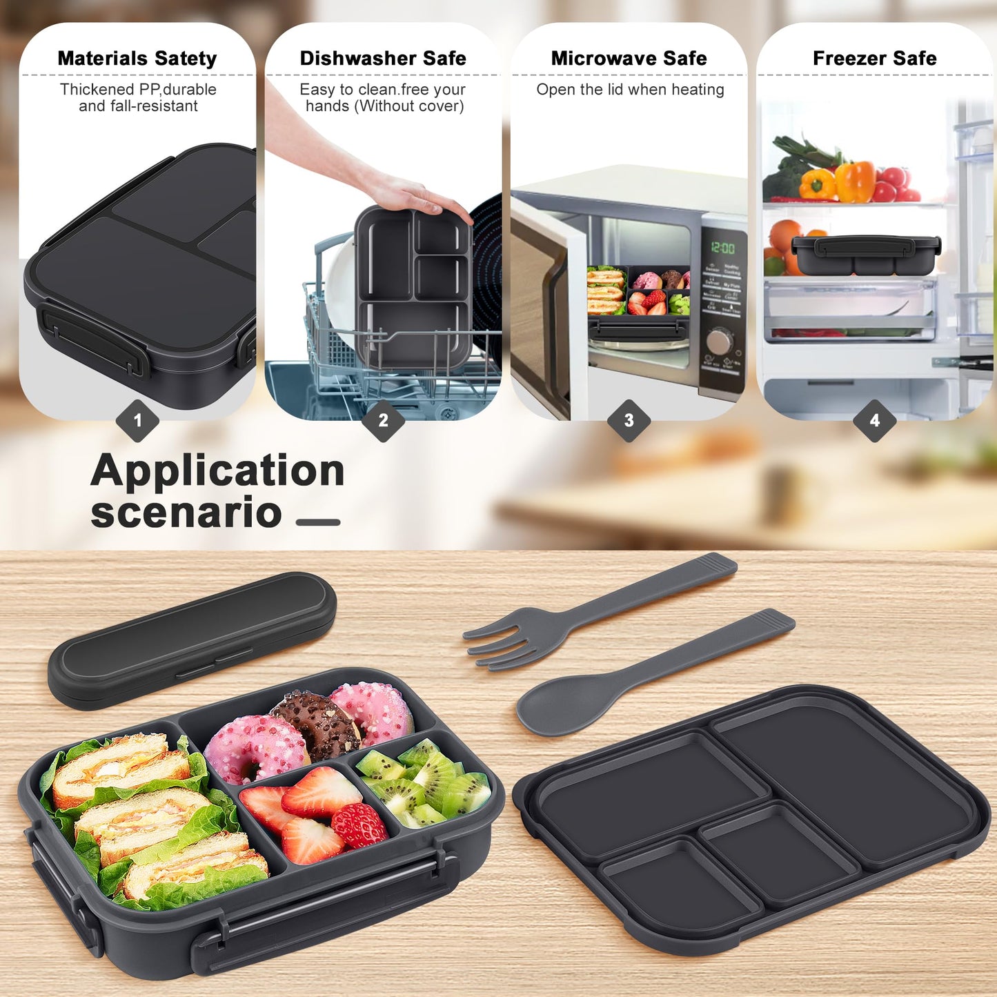 Amathley Lunch Box Kids,Bento Box Adult,Leakproof Lunch Containers for Adults/Kids/Toddler,1200ML-4 Compartments bento Lunch box with Utensil,Microwave & Dishwasher & Freezer Safe (Dark Gray)