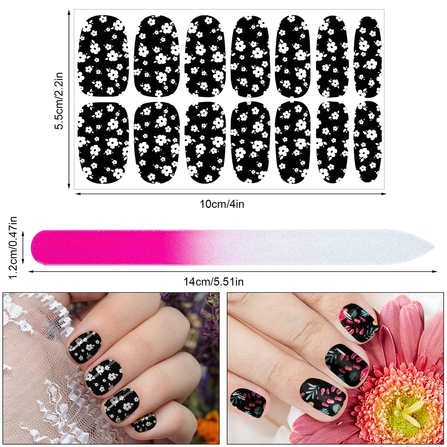 168 Pieces 12 Sheets Full Wraps Nail Polish Stickers Flower Print Self-Adhesive Nail Art Decal Strips Manicure Kits Colorful Flower Full Cover Nail Decal Strips with Nail File (Classic Style)