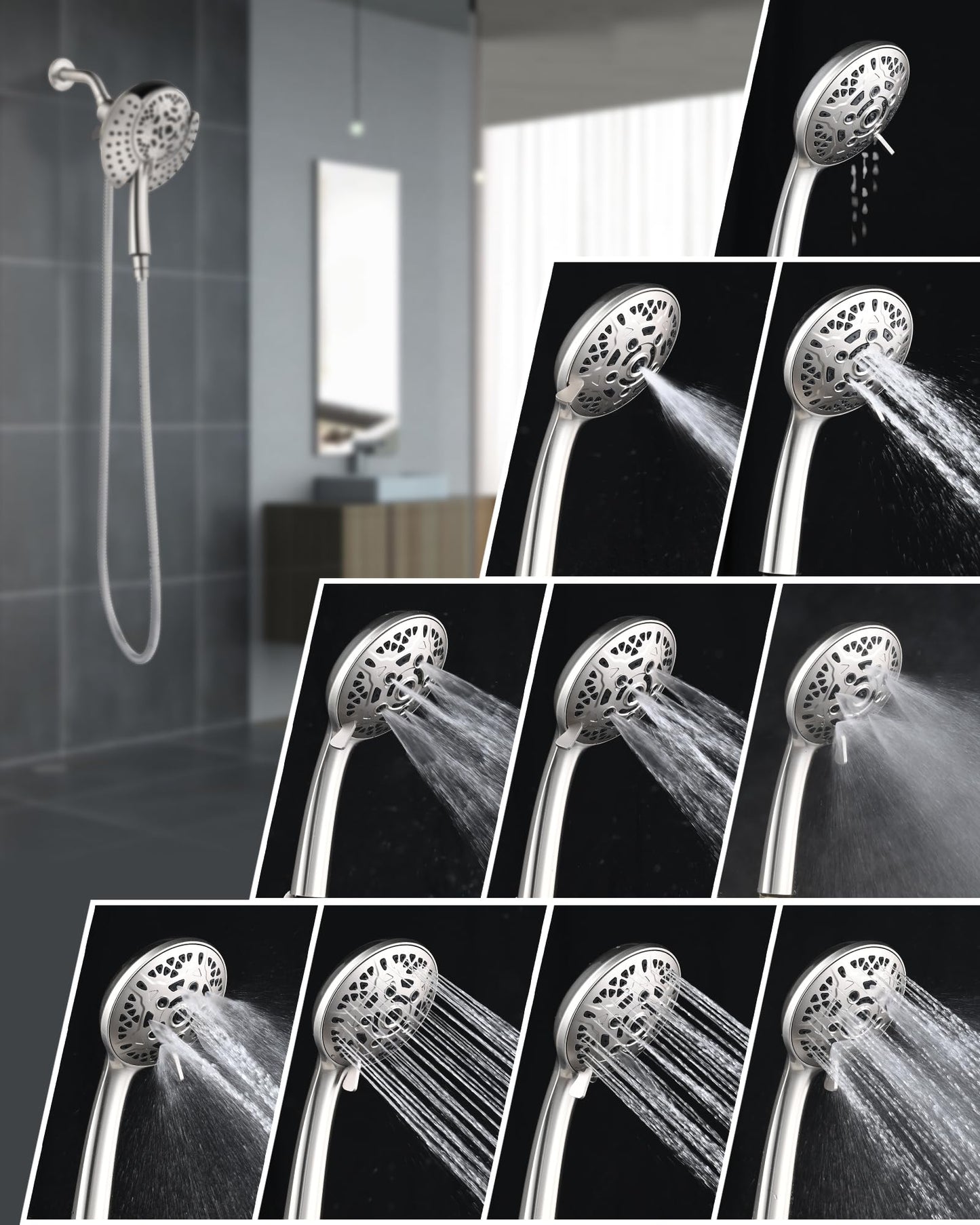 INAVAMZ Shower Heads with Handheld Spray Combo: 7.2" Rainfall Shower Head & Handheld Shower Head 2-IN-1 Shower Head with 60" Rotatable Stainless Steel Hose, Nickel