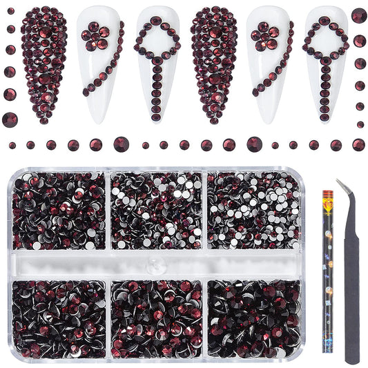 6Grids 3000Pcs Flatback Rhinestones, Dark Purple Nail Gems Crystals Jewels, Craft Glass Diamonds Stones Bling Rhinestone with Tweezers and Picking Pen for Nail Face Makeup(1.8mm~4mm Crystal)