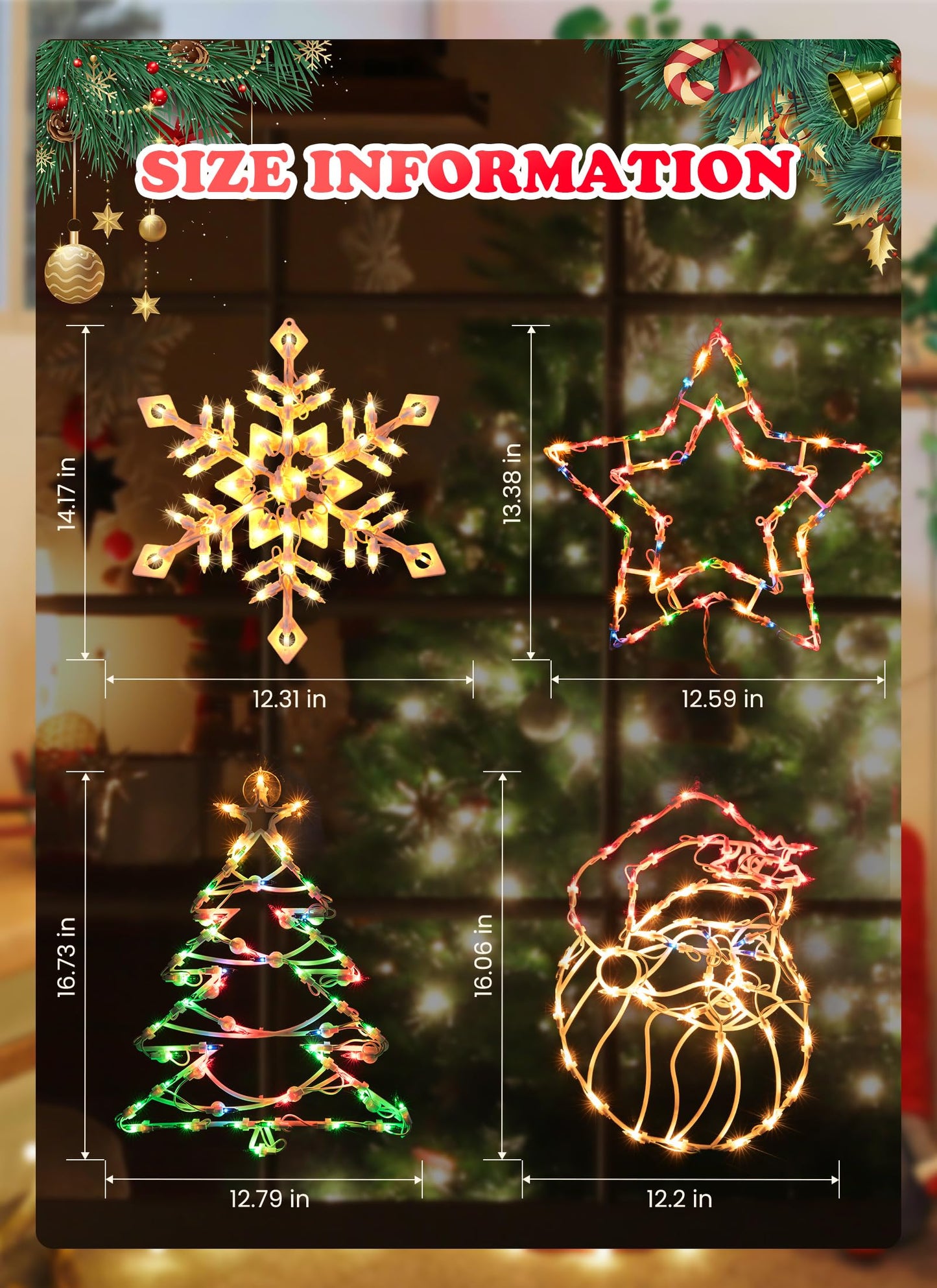 4 Pack Christmas Window Silhouette Lights Decorations, Santa Claus, Xmas Trees, Snowflake, and Star Window Silhouette with 50 Bulbs for Holiday Indoor Wall Door Glass Decorations