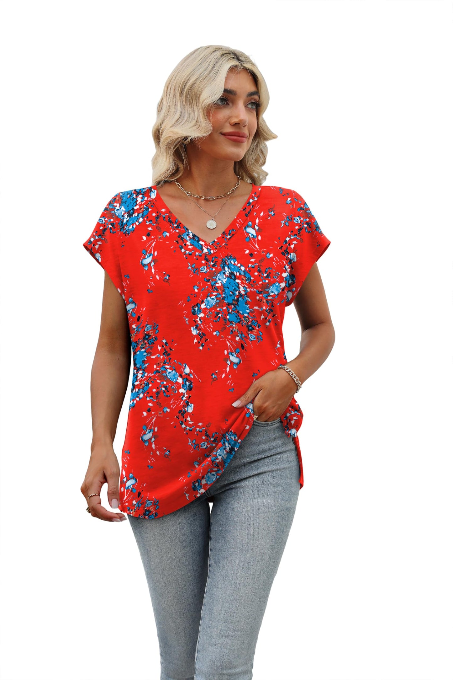 Summer Tops for Women 2024 Cute Dressy Blouses Oversized Shirts for Women Print Red Floral S