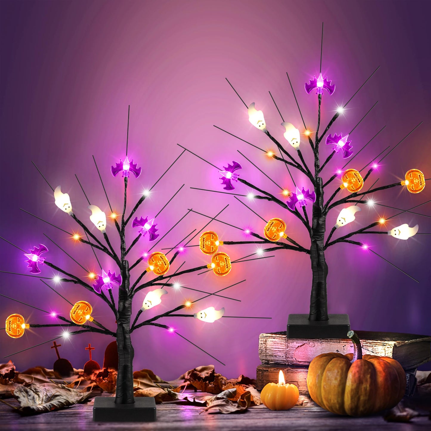 [Timer] 2 Pack 18" Black Halloween Tree, 48 LED Spooky Lighted Halloween Table Decor with Pumpkin Bat Ghost Lights, USB/Battery Operated Halloween Decorations Indoor Birch Tree for Home Party Mantle