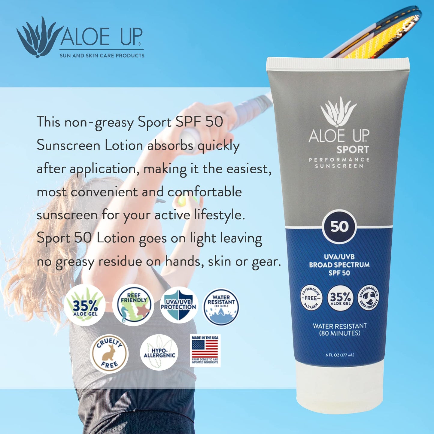 Aloe Up Sport Sunscreen Lotion SPF 50 - Broad Spectrum UVA/UVB Sunscreen Protector for Face and Body - With Hydrating Aloe Vera Gel - Non-Greasy - No White Cast - Reef Safe - Fragrance-Free - 6 Oz.