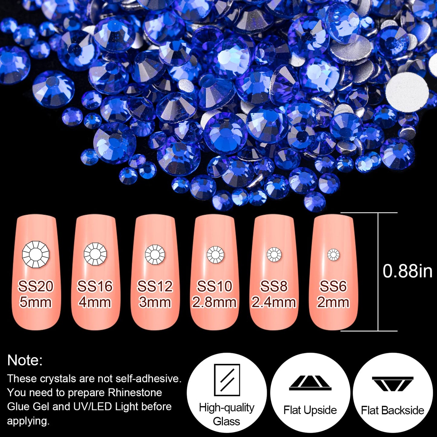 18 Styles Multi-Shaped Glass Gemstones for Nails and 6 Sizes Round Crystal Rhinestones Kit #7, Royal Blue Nail Art Charm Bead Manicure Decoration with Pickup Pencil and Tweezer