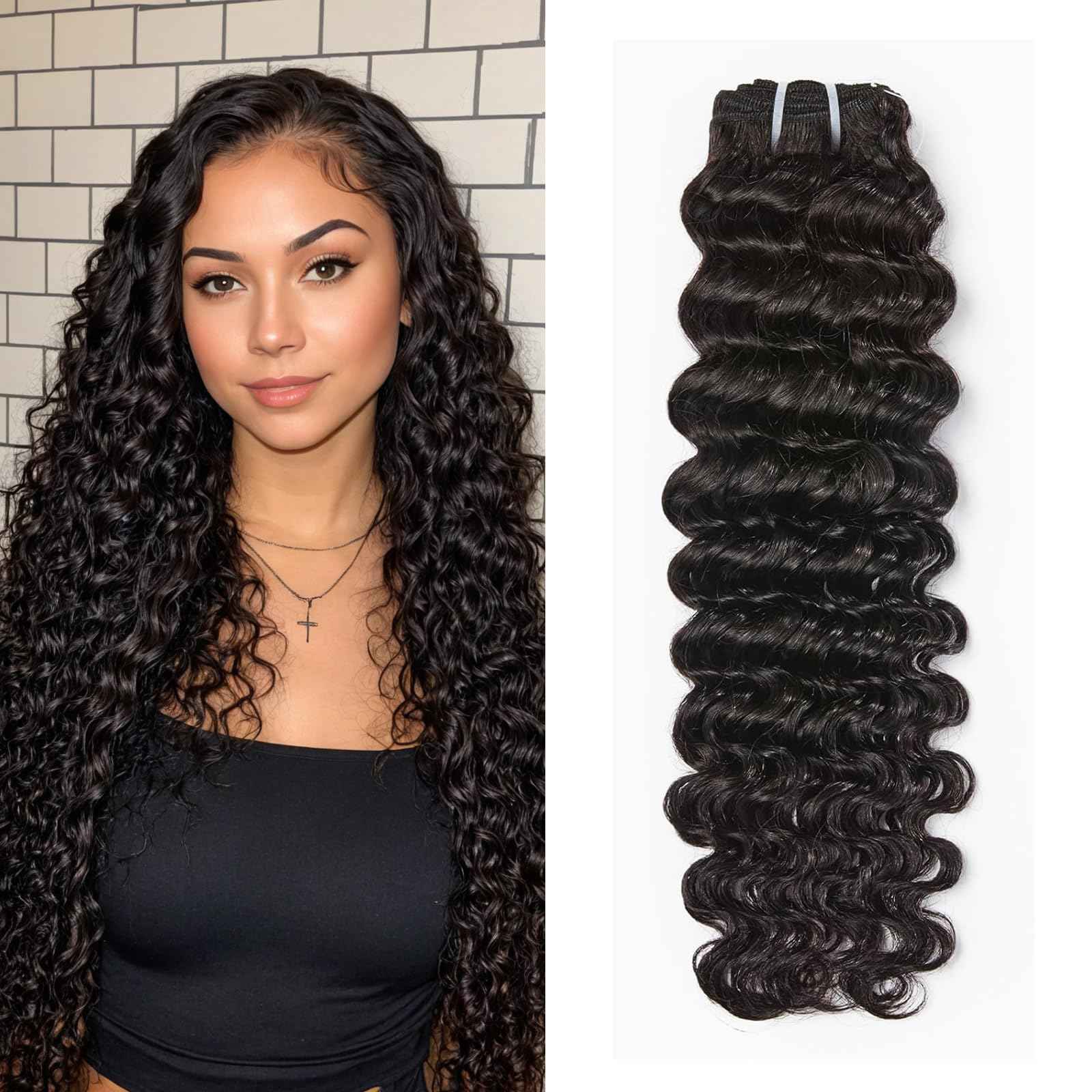Wequeen 16A Deep Wave Human Hair Bundles 16 Inch 100% Unprocessed Brazilian Virgin Hair Quick Weave Bundles Human Hair Extensions Real Human Hair, Natural Black