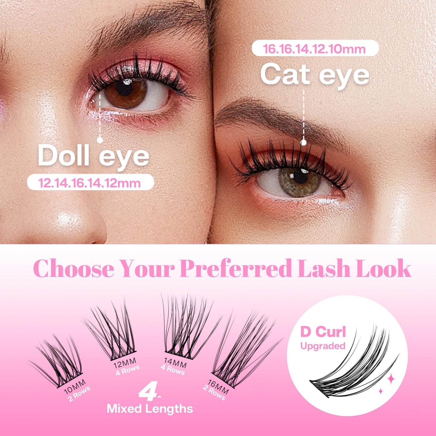 CALAILIS Lash Clusters DIY Cluster Eyelash Extensions 144pcs Natural Cluster Lashes Mega Volume Individual Lashes Reusable Wispy Eyelash Clusters (CDD12,D-10-16MIX)