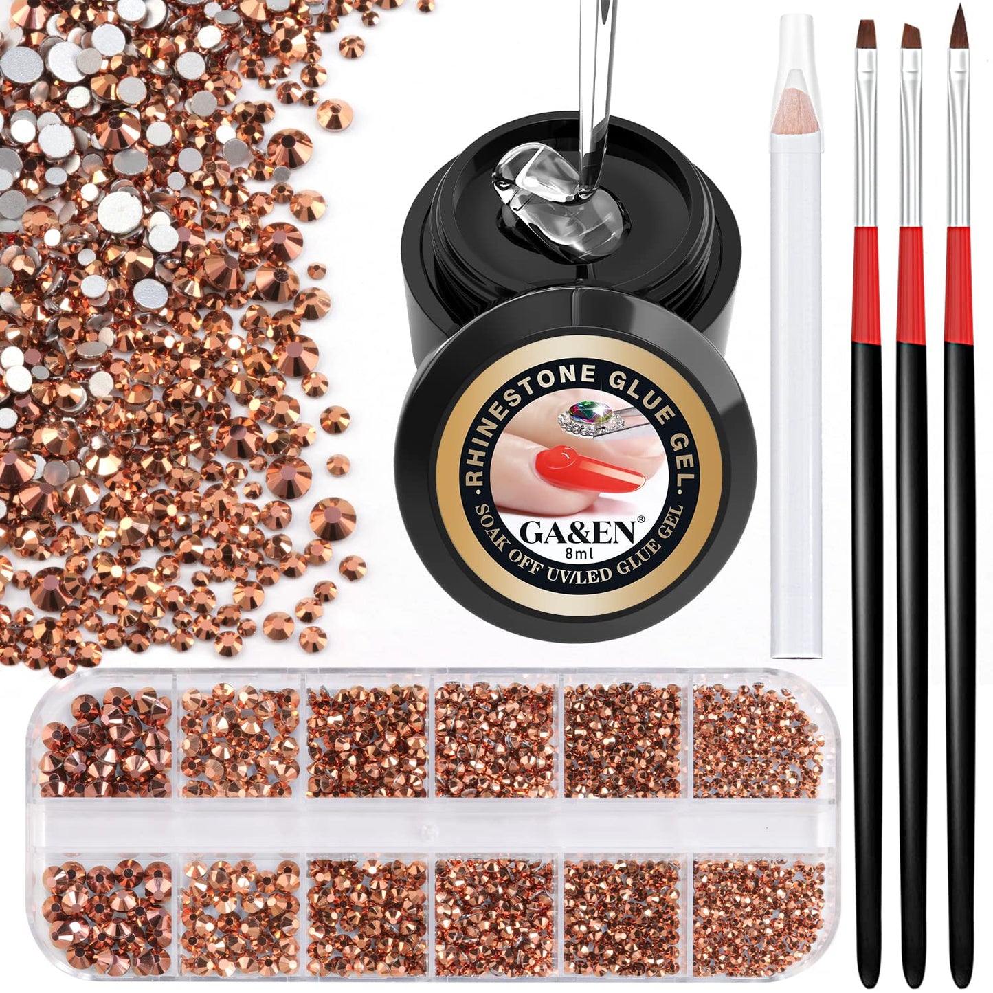 1PC 8ml WIPE-OFF Nail Art Rhinestone Glue Gel Adhesive + 1 Box 2-5mm Flat Back Round Glass Rose Gold Rhinestones + 3PCS Glue Brush + 1PC Pickup pencil