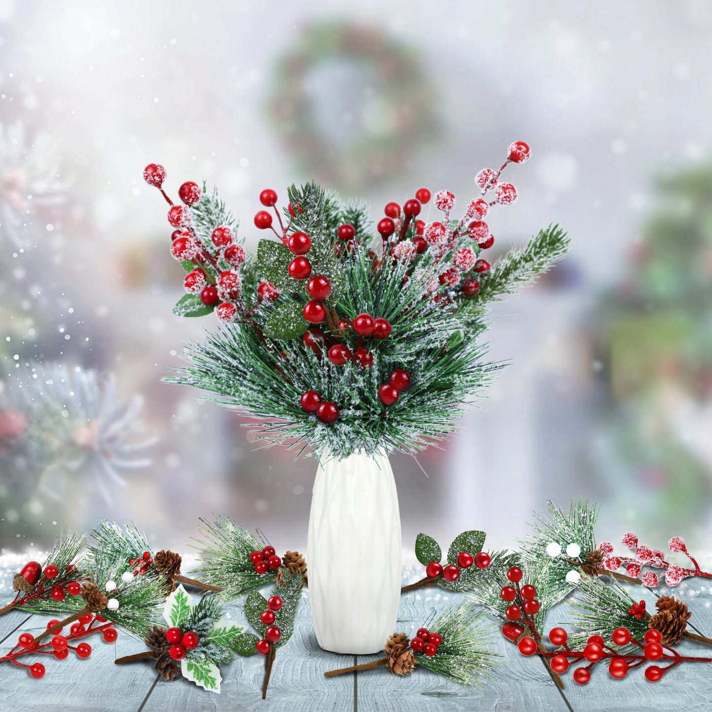 Christmas Decorations - 40 Packs Snow Artificial Christmas Picks Red Berry Stems Sprays Faux Cedar Holly Pine Needles Branches Christmas Tree Picks for Xmas Winter Holiday DIY Crafts Wreath Tree