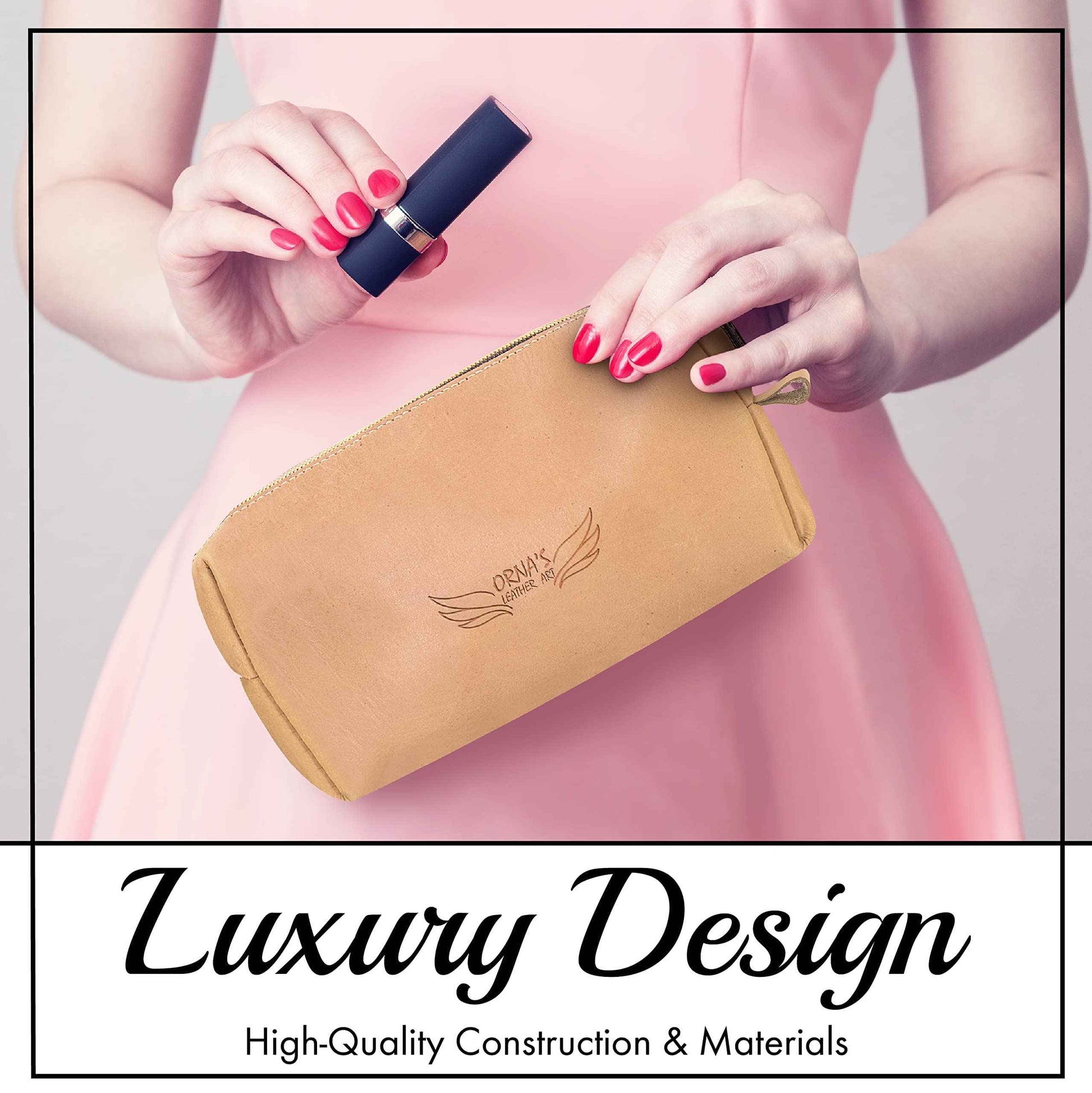 ORNA'S LEATHER ART WOODPECKER UNISEX SAND POUCH: Real Cowhide Men’s Women’s Tan Portable Toiletry Makeup Travel Case, Stylish, Handcrafted, Spacious, Zipper Close