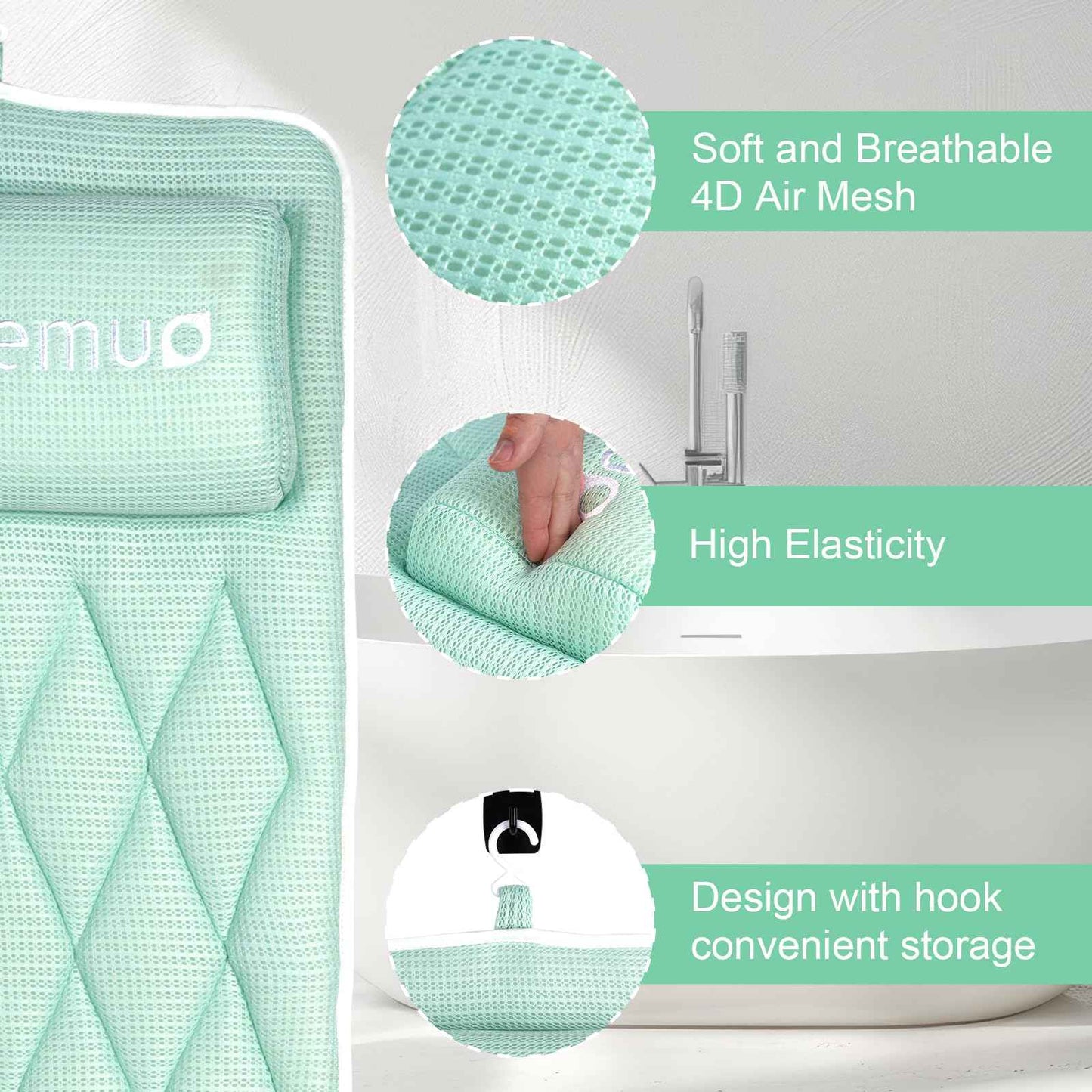 Full Body Bath Pillow Bathtub Pillows-Removable Lumbar Cushion with 17 Non-Slip Suction Cups 4D Air Mesh Fit Any Tub Luxury Bathroom Accessories-Green