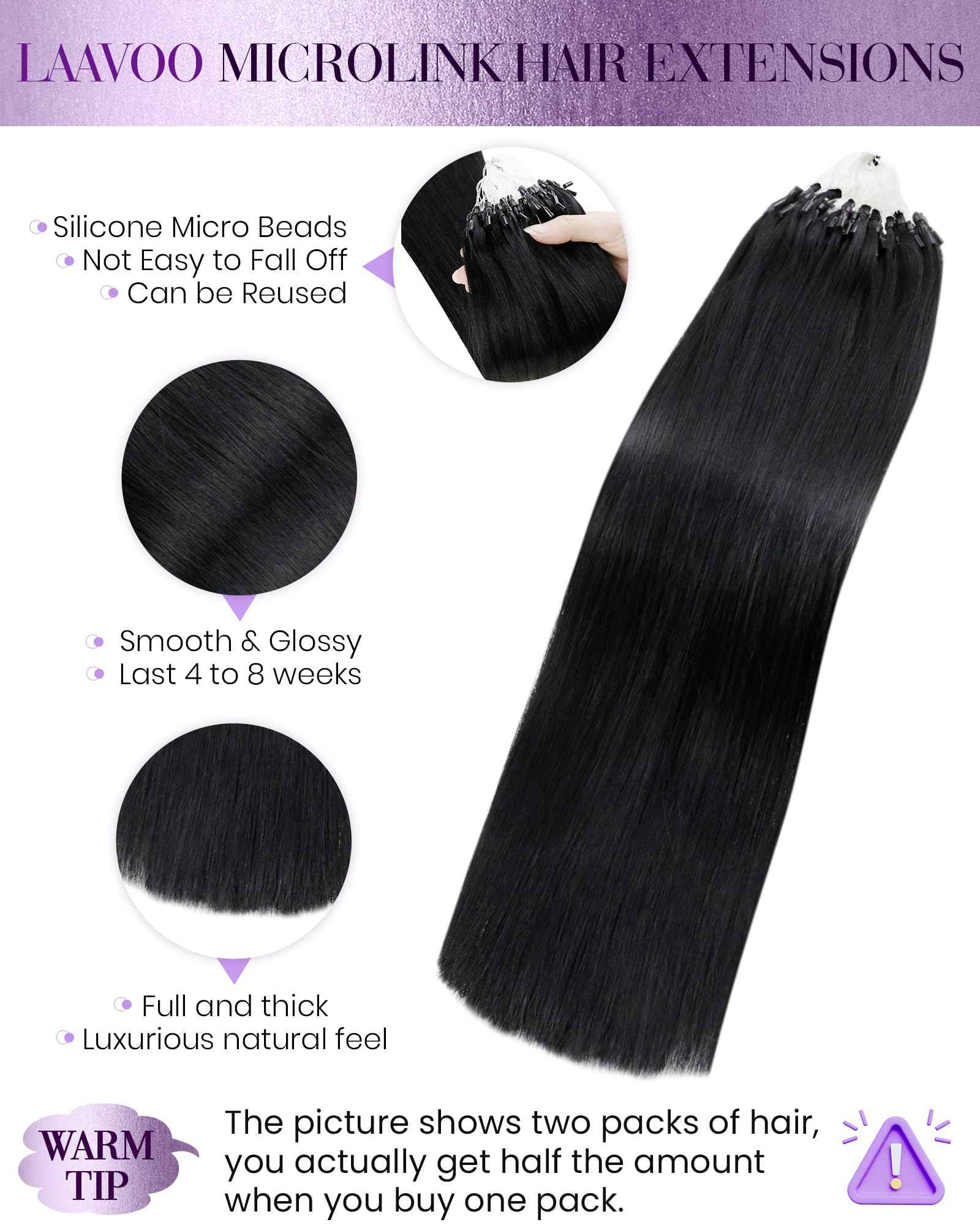 LaaVoo Micro Loop Hair Extensions Real Human Hair Black Micro Link Hair Extensions Human Hair 22 inch Jet Black Pre Bonded 50g/50s