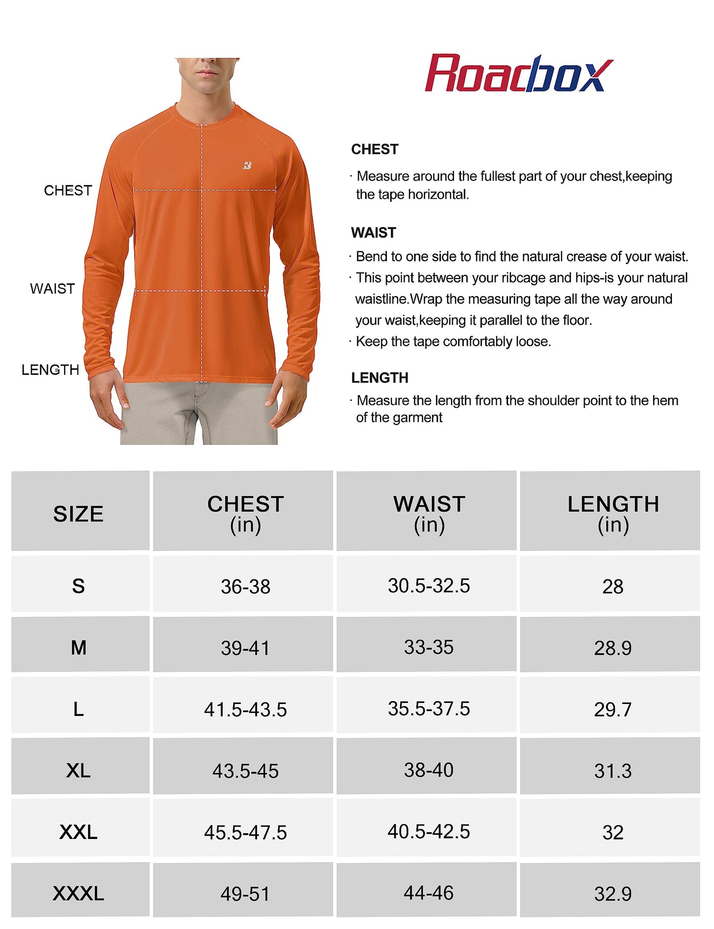 Roadbox Mens UPF 50+ UV Sun Protection Shirts Outdoor Long Sleeve SPF Diving Rash Guard for Fishing Hiking Swimming Orange