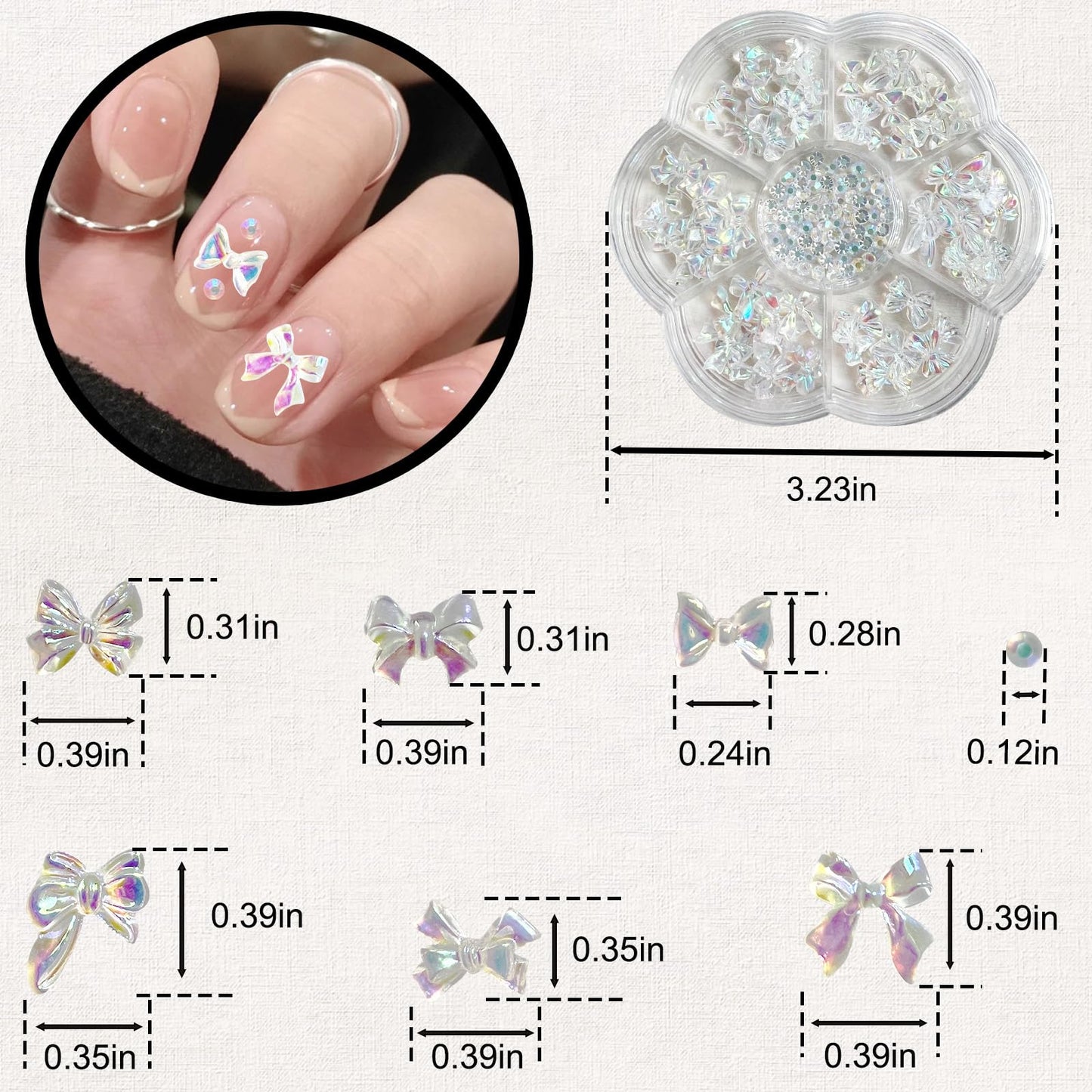 Aurora Bow Nail Charms & Resin Rhinestones, 6 Shapes of Resin Bow Knot Nail Charms for Nail Art Design, 3D Shining Bow-Knot Nail Charms for Acrylic Nail DIY Decoration Nail Art Accessories