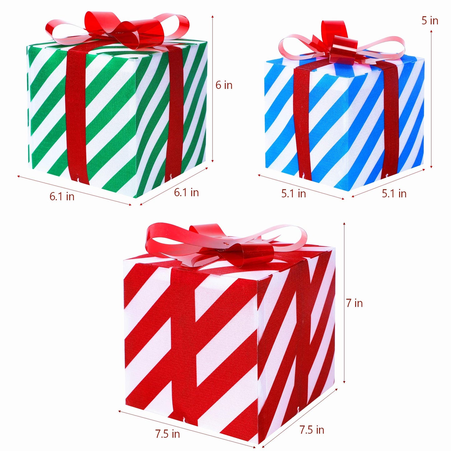 Juegoal Christmas Set of 3 Lighted Gift Boxes Decorations, Pre-lit 45 LED Light Up Christmas Tree Skirt Ornament, Indoor Outdoor Pathway Red Green and Blue Stripe Present Box for Holiday Party X-mas