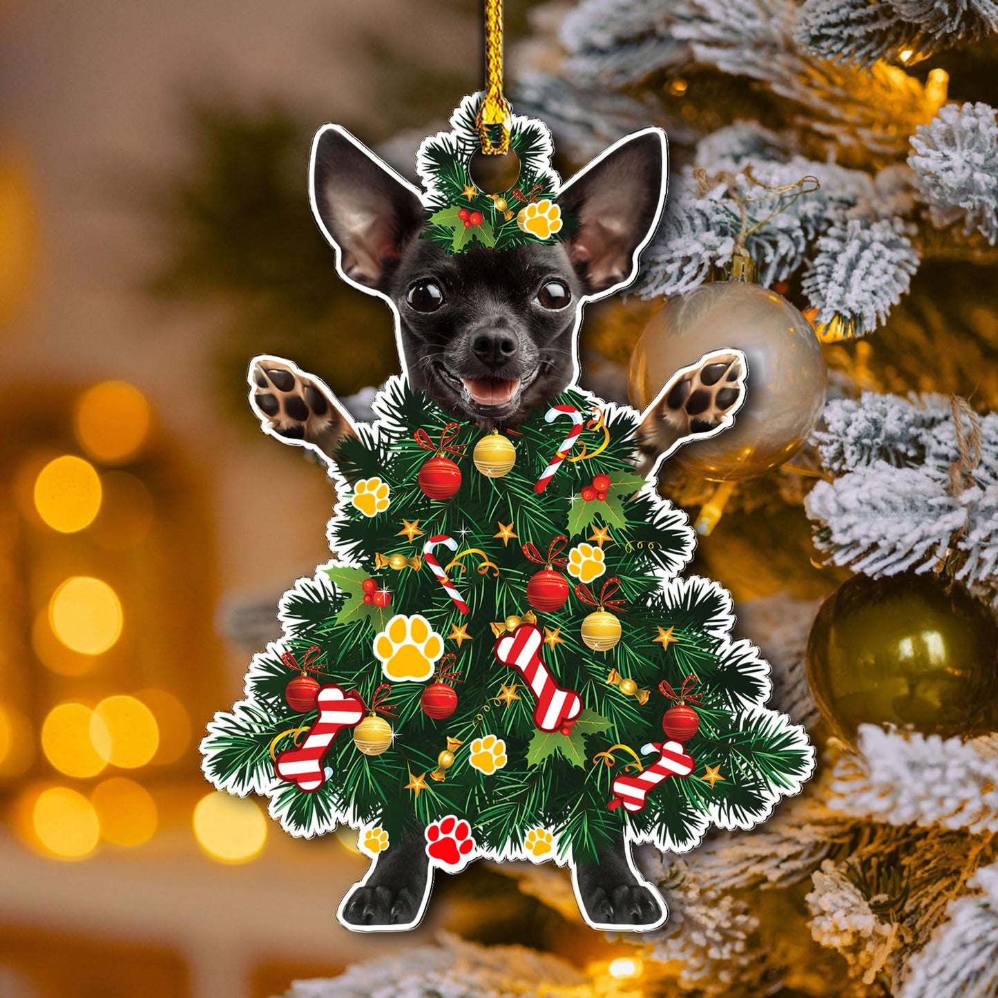 Black Chihuahua Christmas Tree Ornament - Festive Holiday Acrylic Hanging Decoration with Adorable Black Chihuahua Dog - Black Chihuahua Christmas Tree Topper Ornament