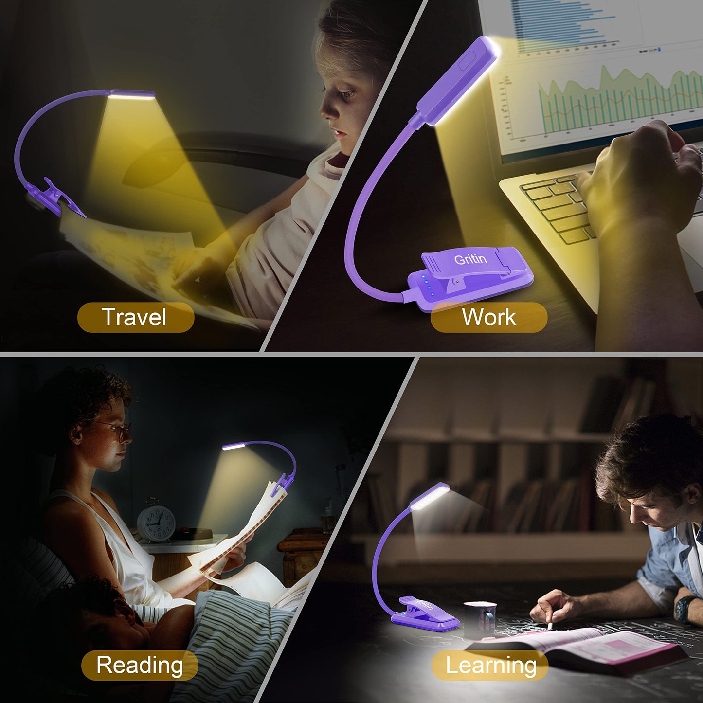 Gritin 9 LED Rechargeable Book Light for Reading in Bed - Eye Caring 3 Color Temperatures,Stepless Dimming Brightness,80 Hrs Runtime Small Lightweight Clip On Book Reading Light for Studying-Purple