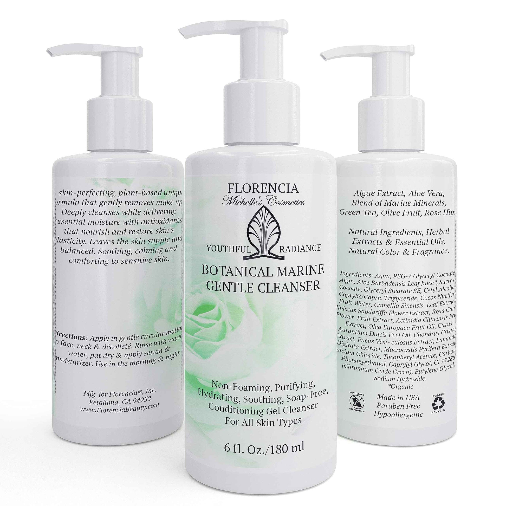 Florencia Botanical Marine Gentle Cleanser - Non-Foaming, Hydrating, Oil-Free Face Wash for Dry to Normal Skin - With Marine Algae & Organic Botanicals - Sensitive Skin, 6 oz