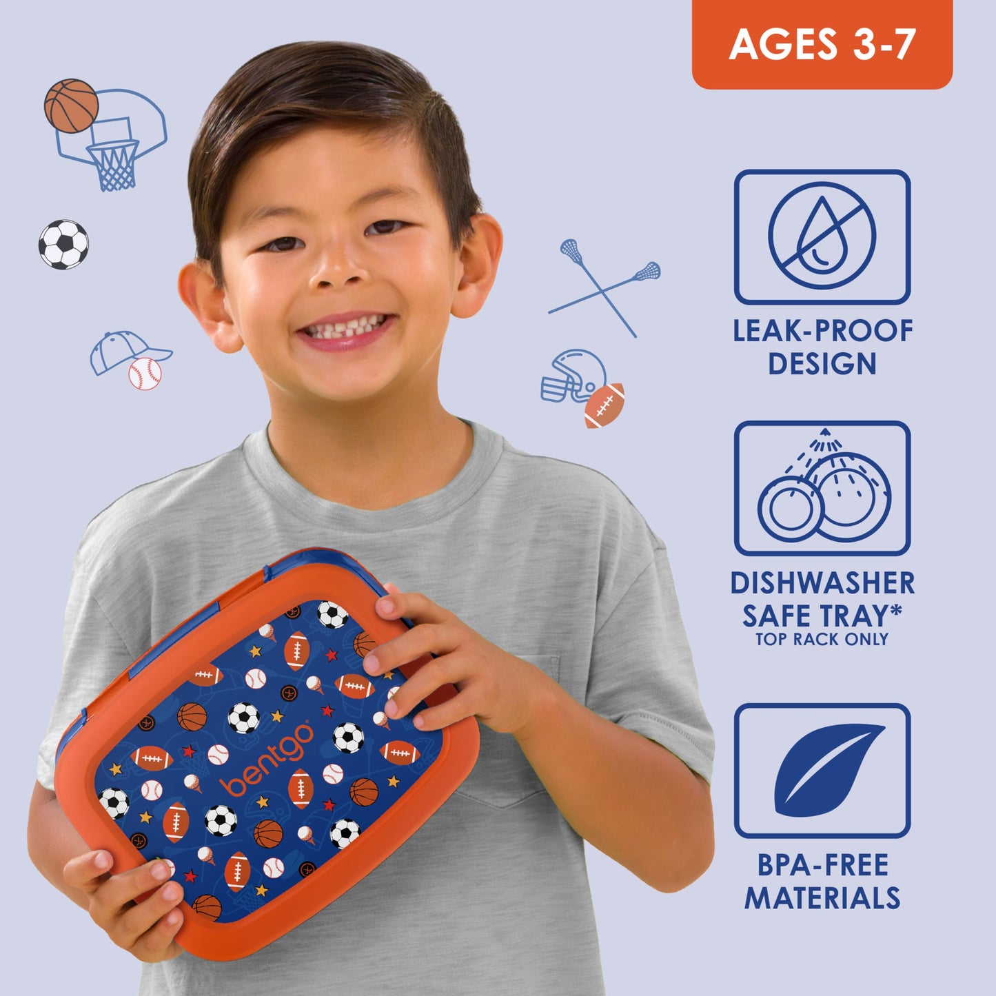 Bentgo Kids Prints Leak-Proof, 5-Compartment Bento-Style Kids Lunch Box - Ideal Portion Sizes for Ages 3-7, Durable, Drop-Proof, Dishwasher Safe, & Made with BPA-Free Materials (Sports)