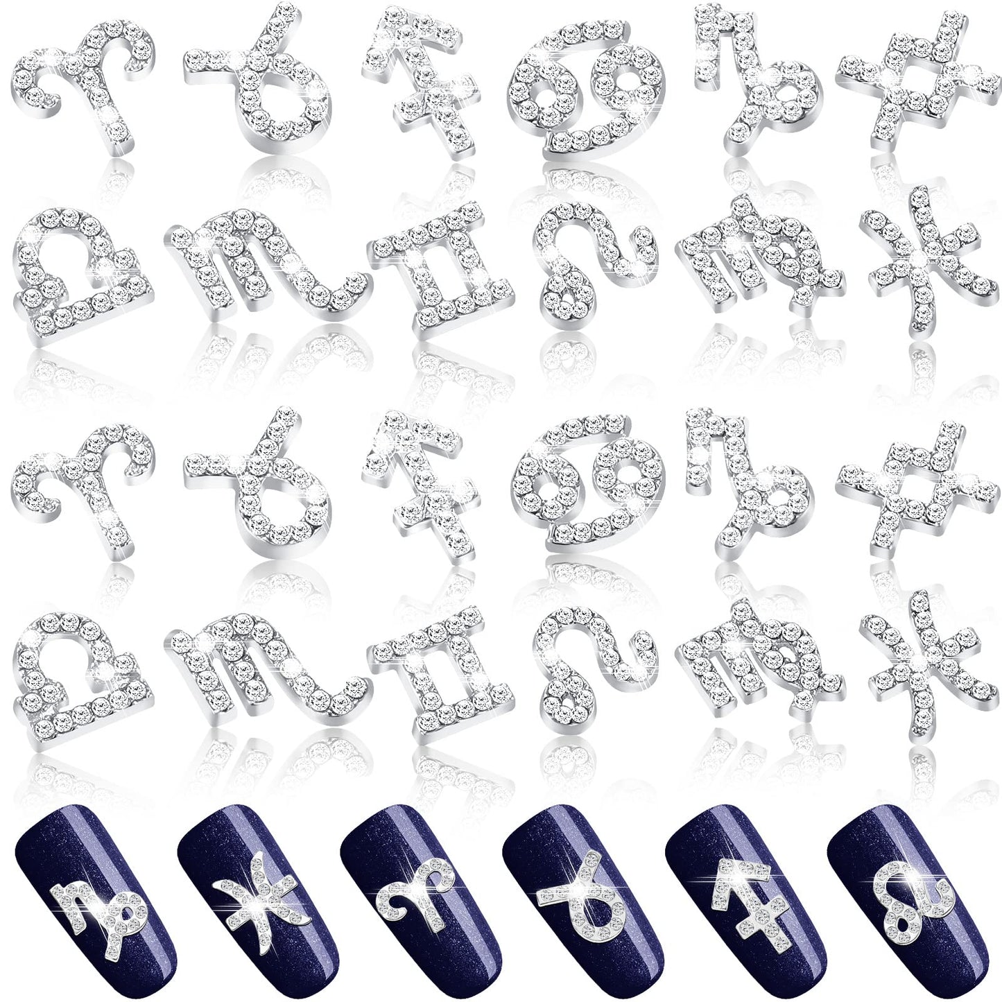 24 Pieces Zodiac Nail Charms 3d Nail Art Charms Rhinestone Zodiac Nail Charms DIY Pendant for Jewelry Making Nail Decorations Necklaces Supplies (Silver)