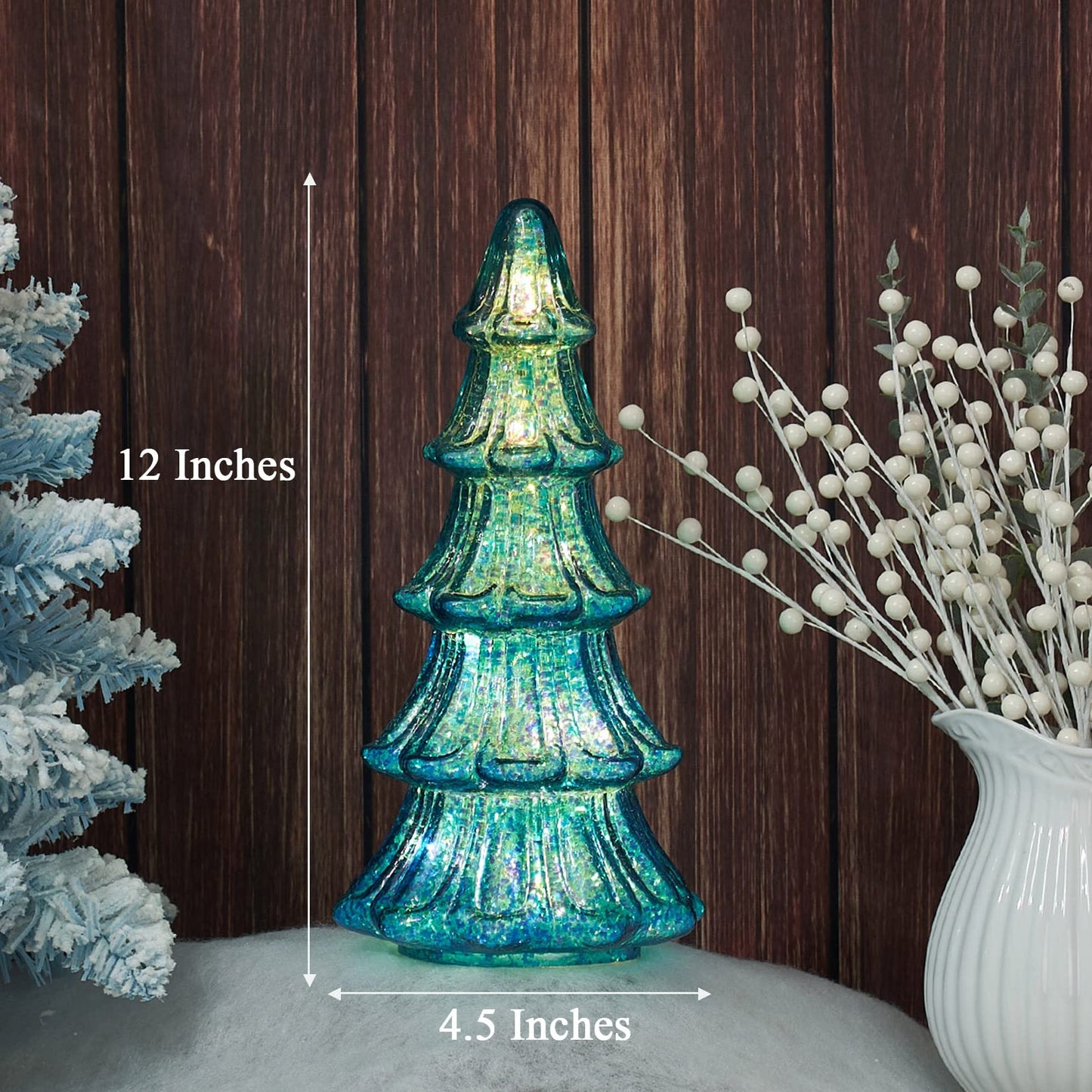 Osfvn Glass Christmas Tree Battery Operated Timer Lighted Blue Xmas Trees Decorations Tabletop Centerpiece Mantel Window Home Decor