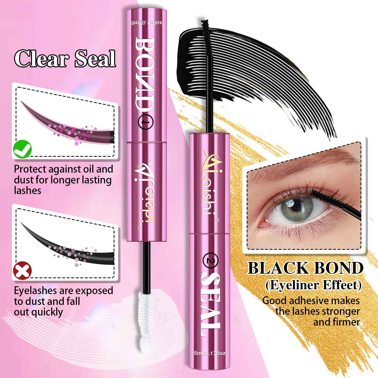 AILAISHI Lash Clusters Glue, Eyelash Bond and Seal, Long-Lasting 150H Waterproof, Non-Irritating Lash Extension Glue for DIY Individual Lashes at Home (Black-5ml+5ml)