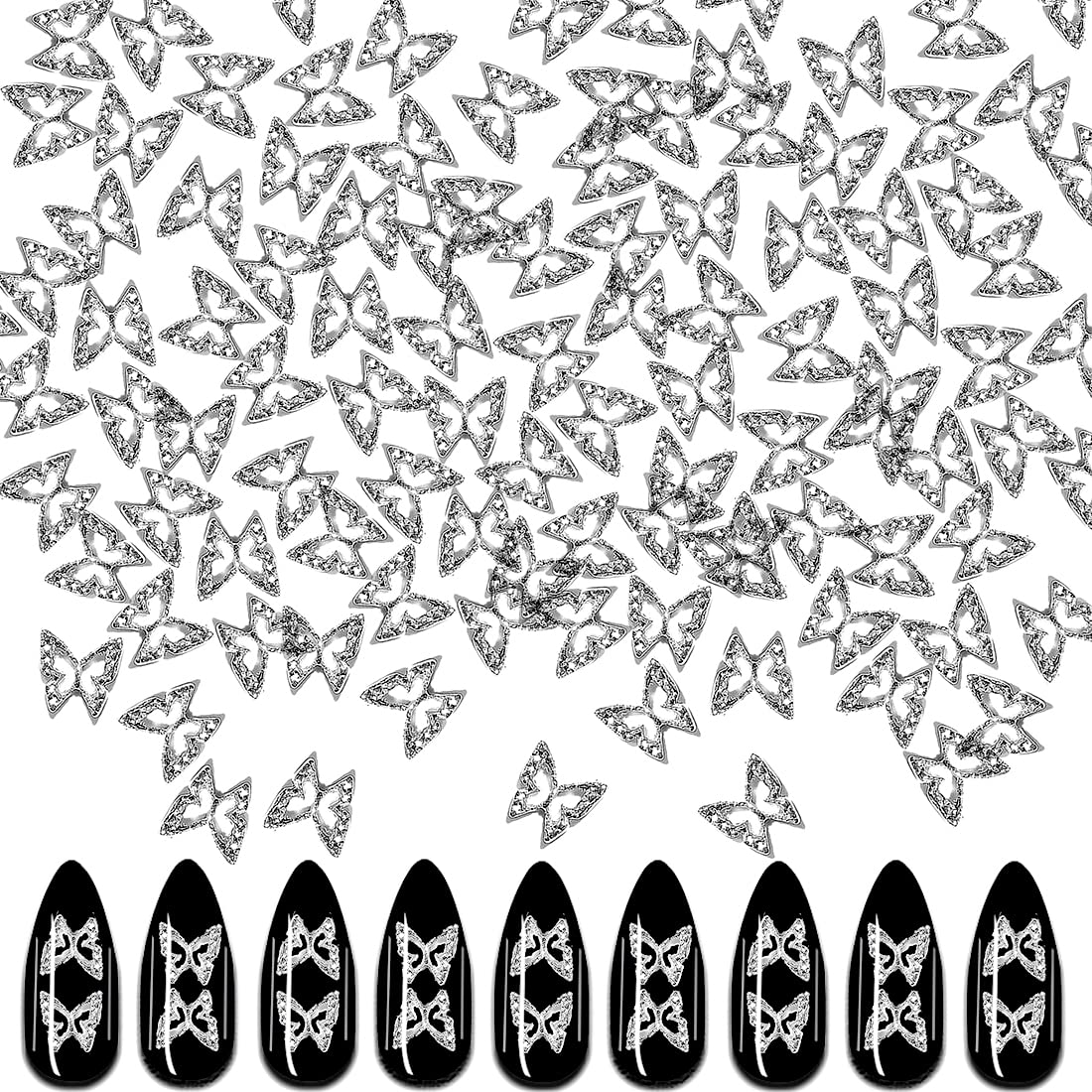 XEAOHESY 100pcs 3D Silver Butterfly Nail Charms Nail Butterfly Charms Nail 3D Charms Butterfly Charms for Nails Butterfly Nail Stickers Butterfly Nails Jewels for Acrylic Nails