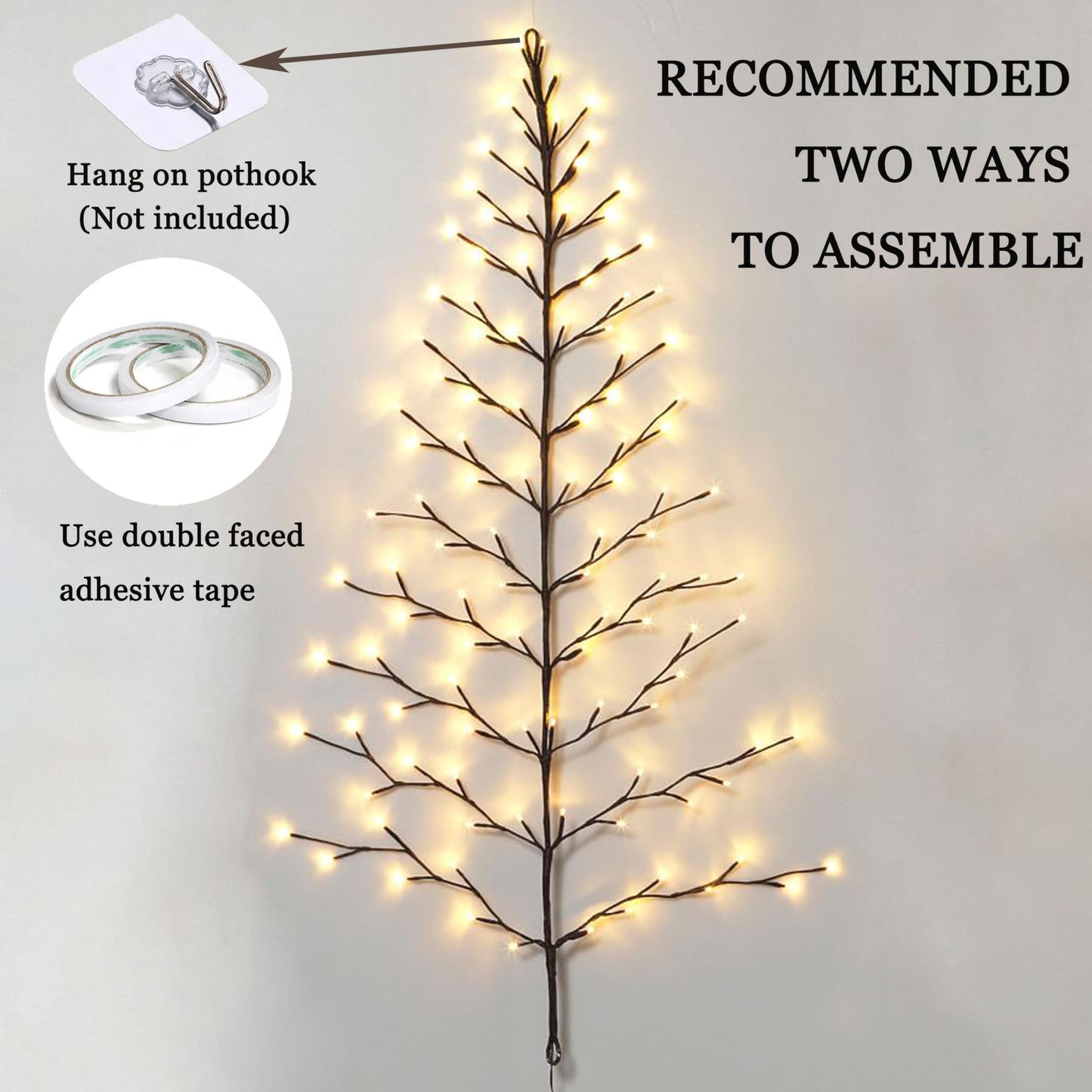 Hairui Lighted Brown Wall Tree 4FT 108 Warm White LED Lights for Home Fireplace Christmas Decoration Inside Outside