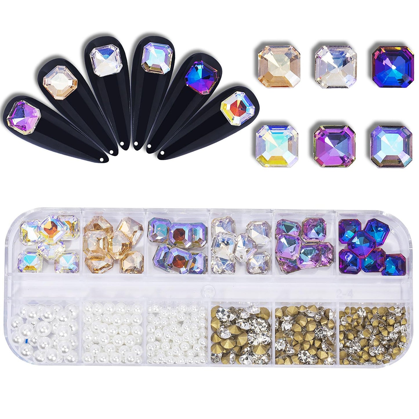 12 Grids 3D Mini Square Shape Nail Rhinestones for Acrylic Nails Mixed Size Round Pearls Pointy-Back Rhinestones Nail Art Crystal Diamond Gem Jewelry Rhinestones for Nail Craft Decoration