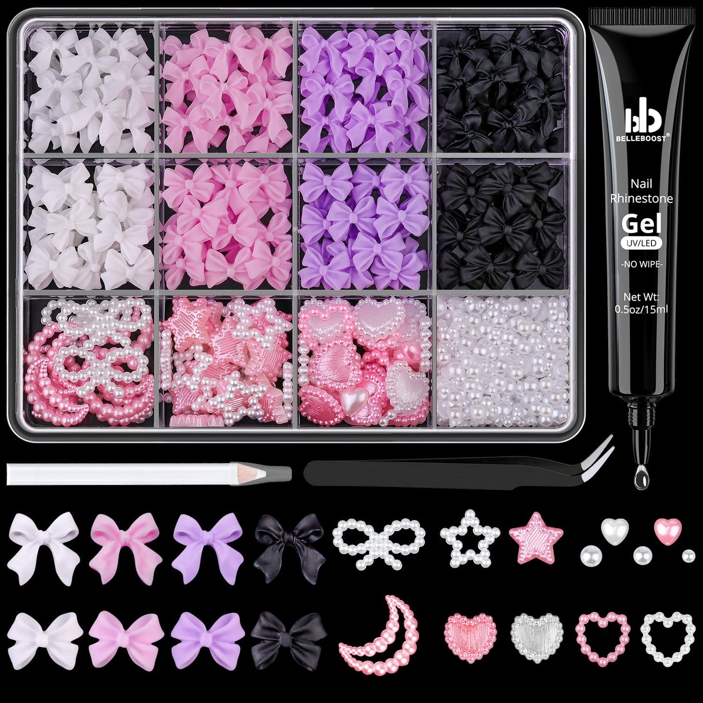 600 Pcs 3D Nail Charms and Flatback Pearls #6, 4 Colors Bow + Pink&White Star Heart Moon Cute Charms + 2-6mm White Pearls for Nail Art Design with Nail Charm Glue(UV Needed) and Pickup Tools