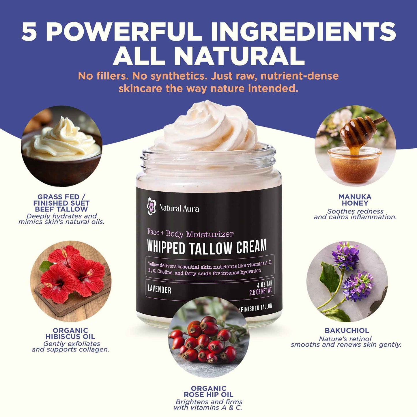 Whipped Beef Tallow for Skin - Face + Body Moisturizer, 100% Grass Fed Grass Finished Tallow and Honey Balm for Dry Skin - Natural Lotion - Free of Harsh Chemicals - 4oz, (Lavender)