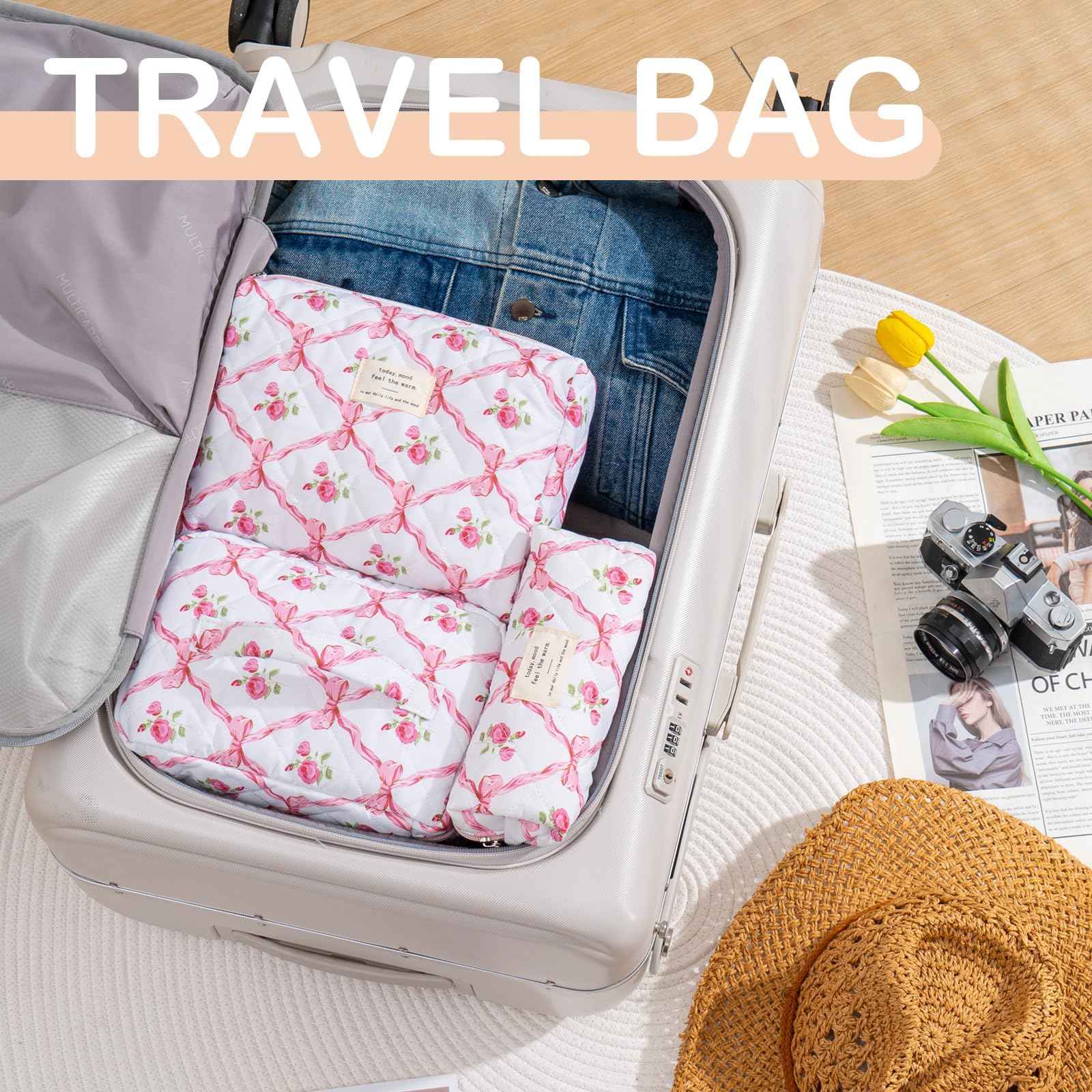 UUYUUY Makeup Bag for Women 3PCS Quilted Cotton Make Up Bag Travel Cosmetic Bag Large Makeup Bag Set Cute Bow Makeups Organizer Floral Toiletry Pouch for Purse, Pink