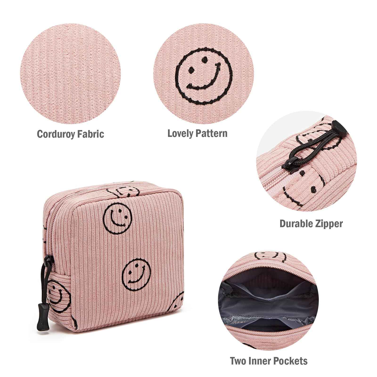 ZOEMTIU Small Makeup Bag for Purse,Mini Cosmetics Bag cute Zipper corduroy Cosmetic Pouch Storage Pouch Travel Toiletry Organizer for Women Girls(Smiley Face,Pink)
