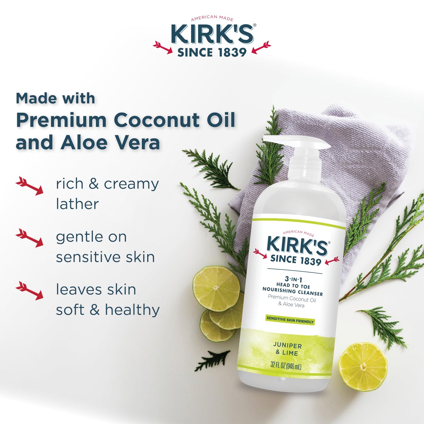 Kirk's 3-in-1 Head to Toe Nourishing Liquid Cleanser- for Men, Women & Children - Premium Coconut Oil & Aloe Vera- Non GMO & Vegan -Juniper & Lime - 32 Fl Oz 2 Pack