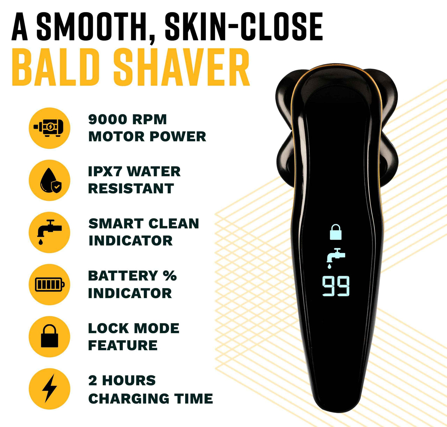 Bald Buddy Head Shaver for Men, Waterproof, Rechargeable Electric Razor, Cordless, Ergonomic Design, Battery & Cleaning Indicator, The Cut Buddy
