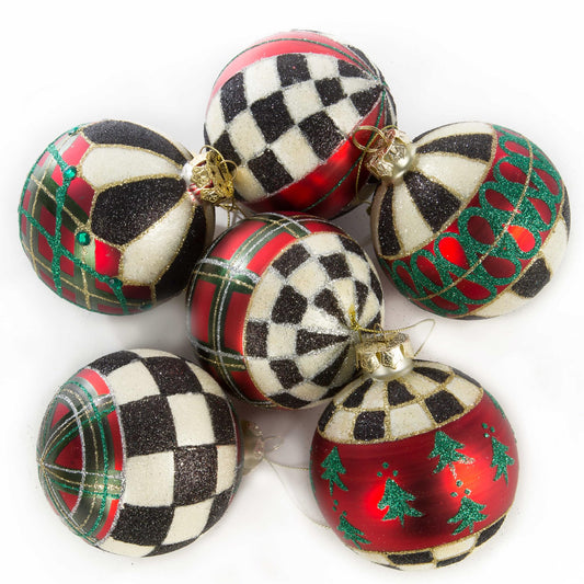 MacKenzie-Childs Tartan Glass Ball Ornaments, Christmas-Tree Decorations Set, Medium, Set of 6