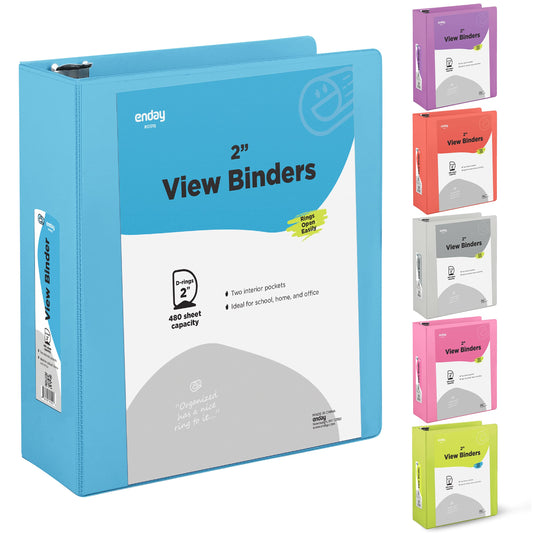 2 Inch 3 Ring Binder 2” Blue, Slant D-Ring 2 in Binder Clear View Cover with 2 Inside Pockets, Heavy Duty Colored School Supplies Office and Home Binders – by Enday