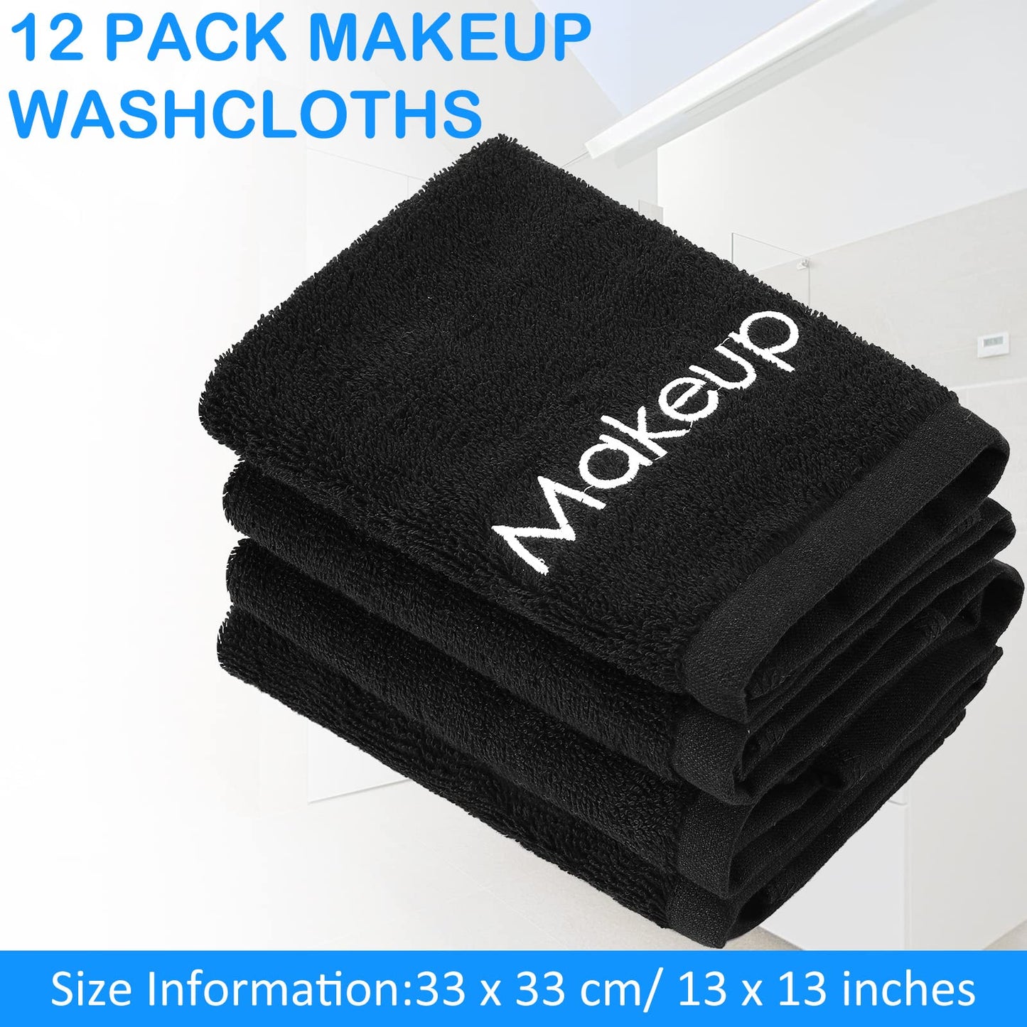 13 x 13 Inch Makeup Washcloths Reusable Makeup Remover Cloths Facial Cleansing Makeup Towels Cotton Soft Cosmetic Towel Water Absorbent Make up Cloth Face Towels for Women Skin Care, Black (12 Pcs)