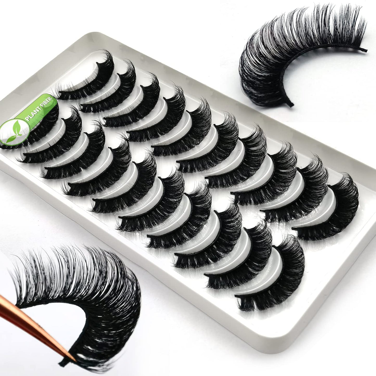 3d Plant Fibre Russian Strip Lashes, D Curl Lash Strips, Natural False Lashes Mink, Wispy Fake Lashes, D Curl Strip Lashes, Natural Wispies Mink Eyelashes, Faux Mink Eyelashes Natural Look (DC08)