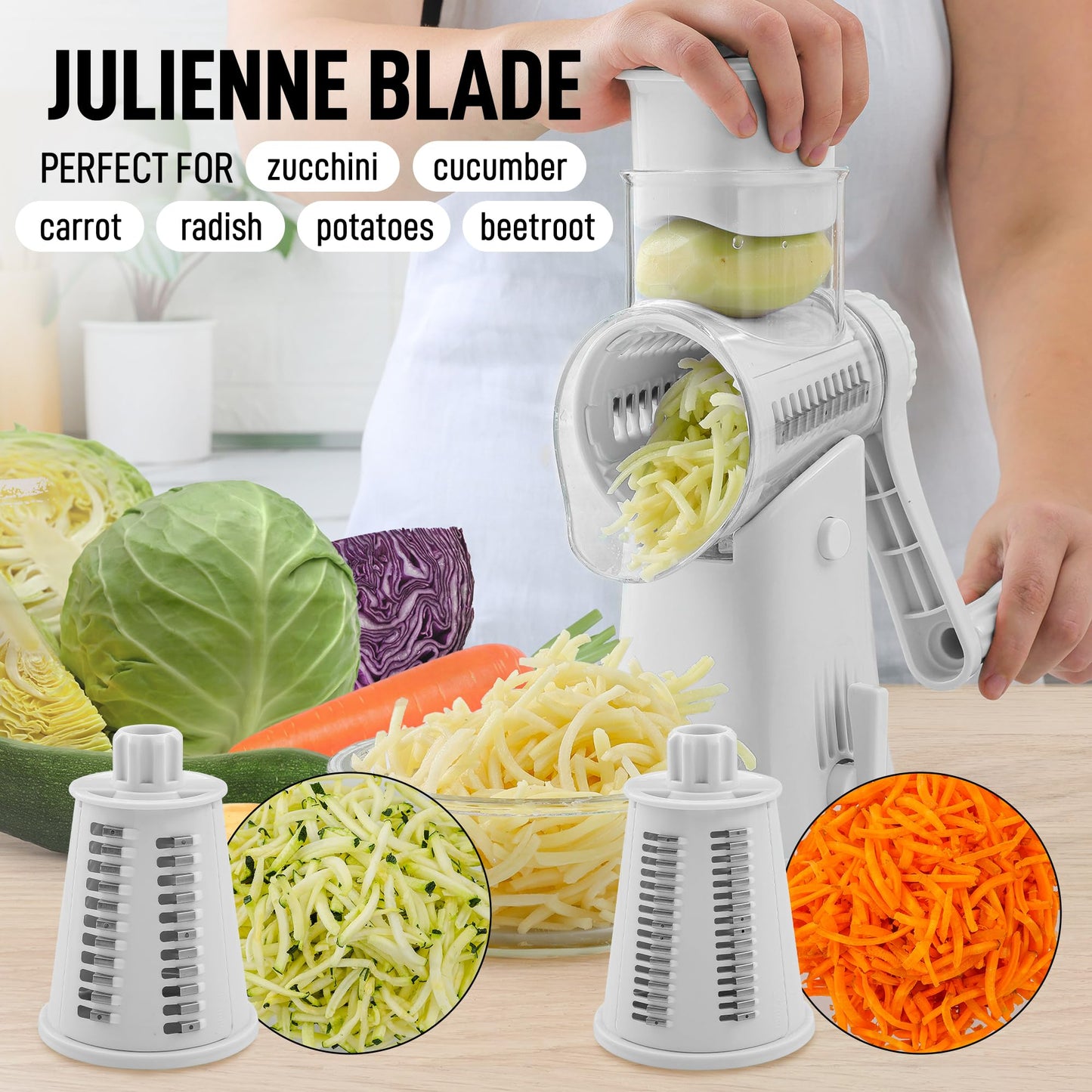 Zulay Rotary Cheese Grater 5 Blade Cheese Shredder - Manual Hand Crank Cheese Grater With Reinforced Suction & 5 Interchangeable Drums - Easy to Use Vegetable Chopper - Brilliant White