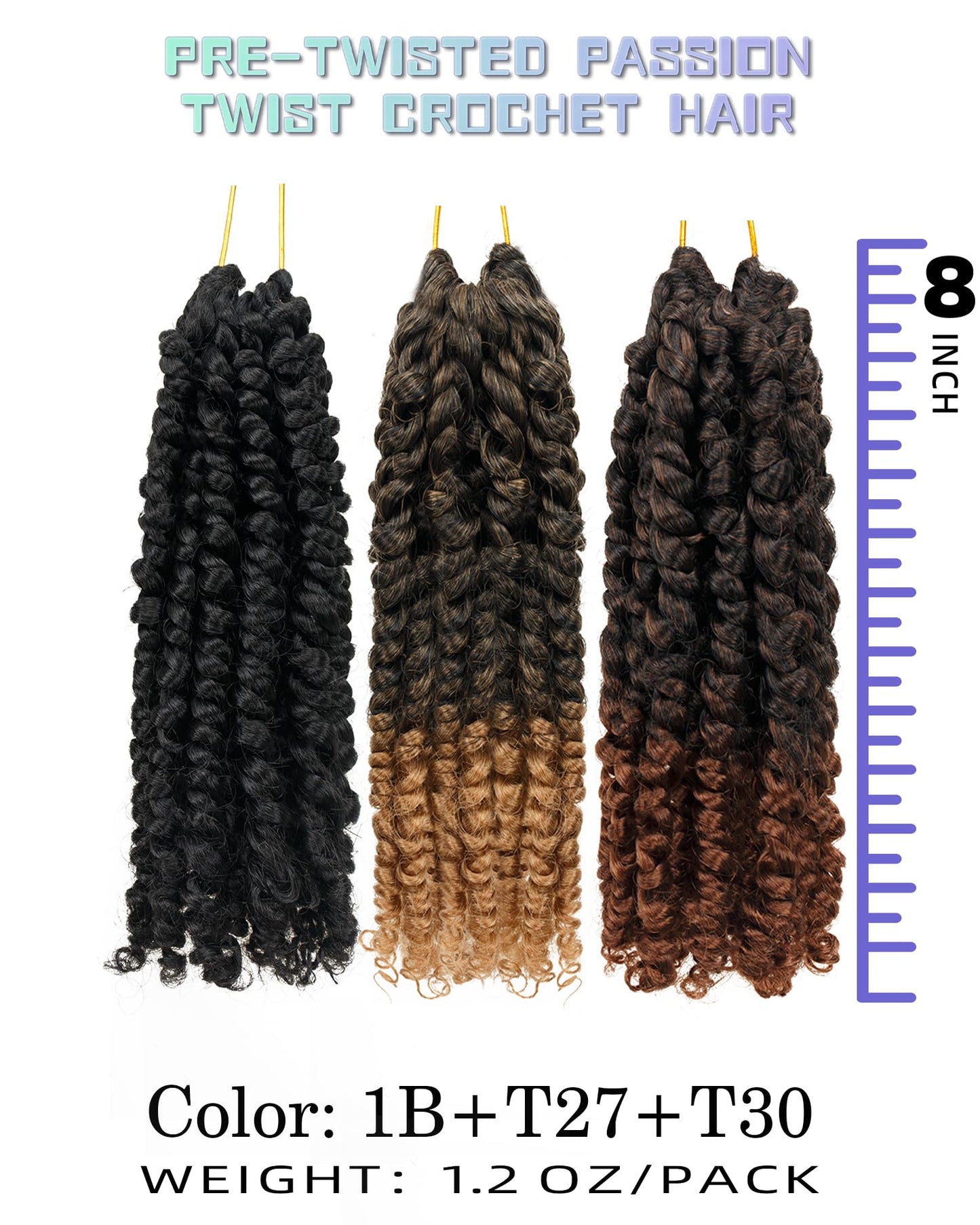 8 Inches 9 Packs Passion Twist Crochet Hair-Mixed Color Combo Pack(7 packs 1B+1 pack T1B/27+1 pack T1B/30),Pre-twisted Pre Looped Super Soft & Bouncy,For Black Women and Kids(8"-9 Packs,1B+T27+T30)